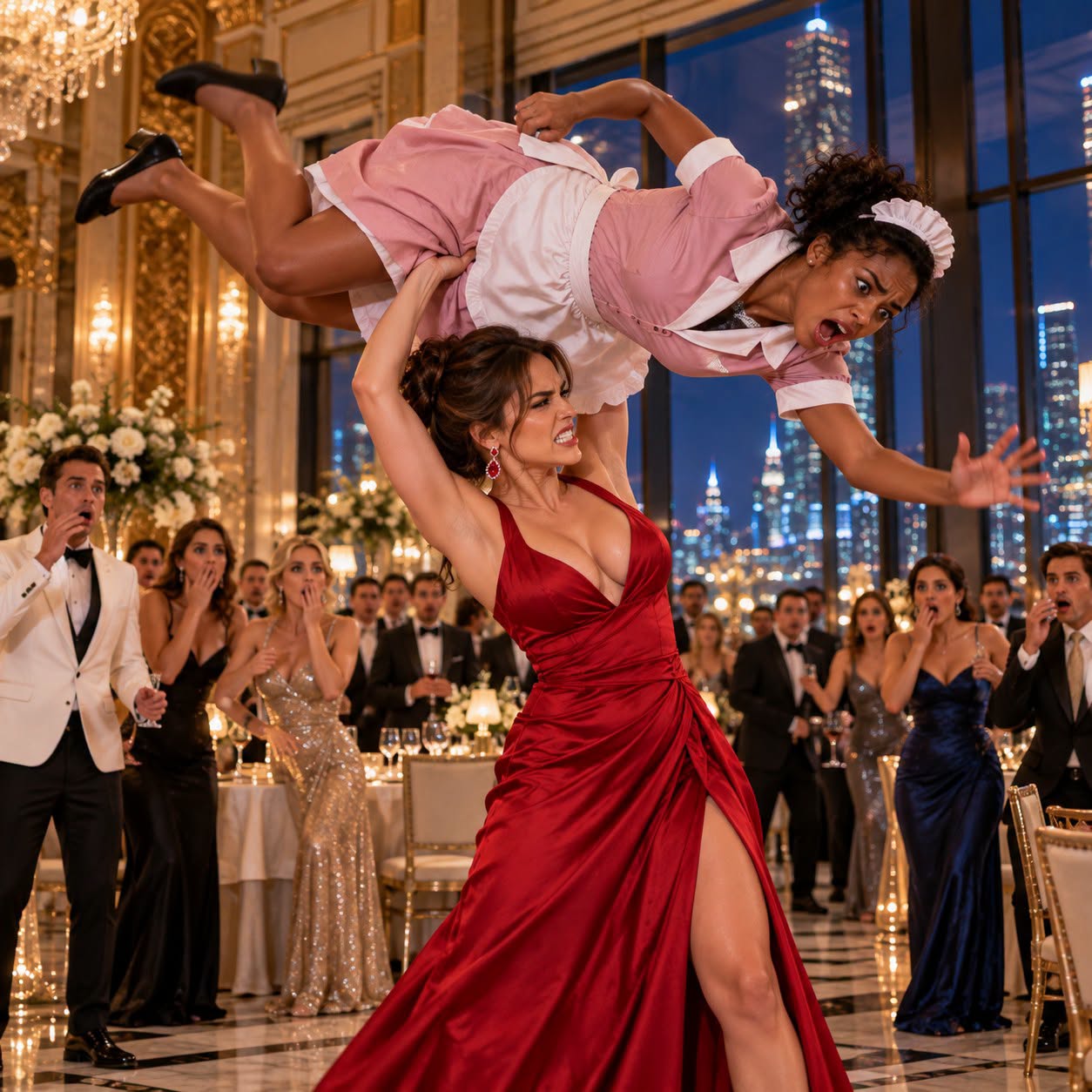 The Billionaire’s Fiancée Lost Her Temper at the Lavish Party—Then She Shockingly Threw the Maid Across the Room in Front of Everyone, Unaware That Her Actions Were About to Expose a Secret That Would Change Everything