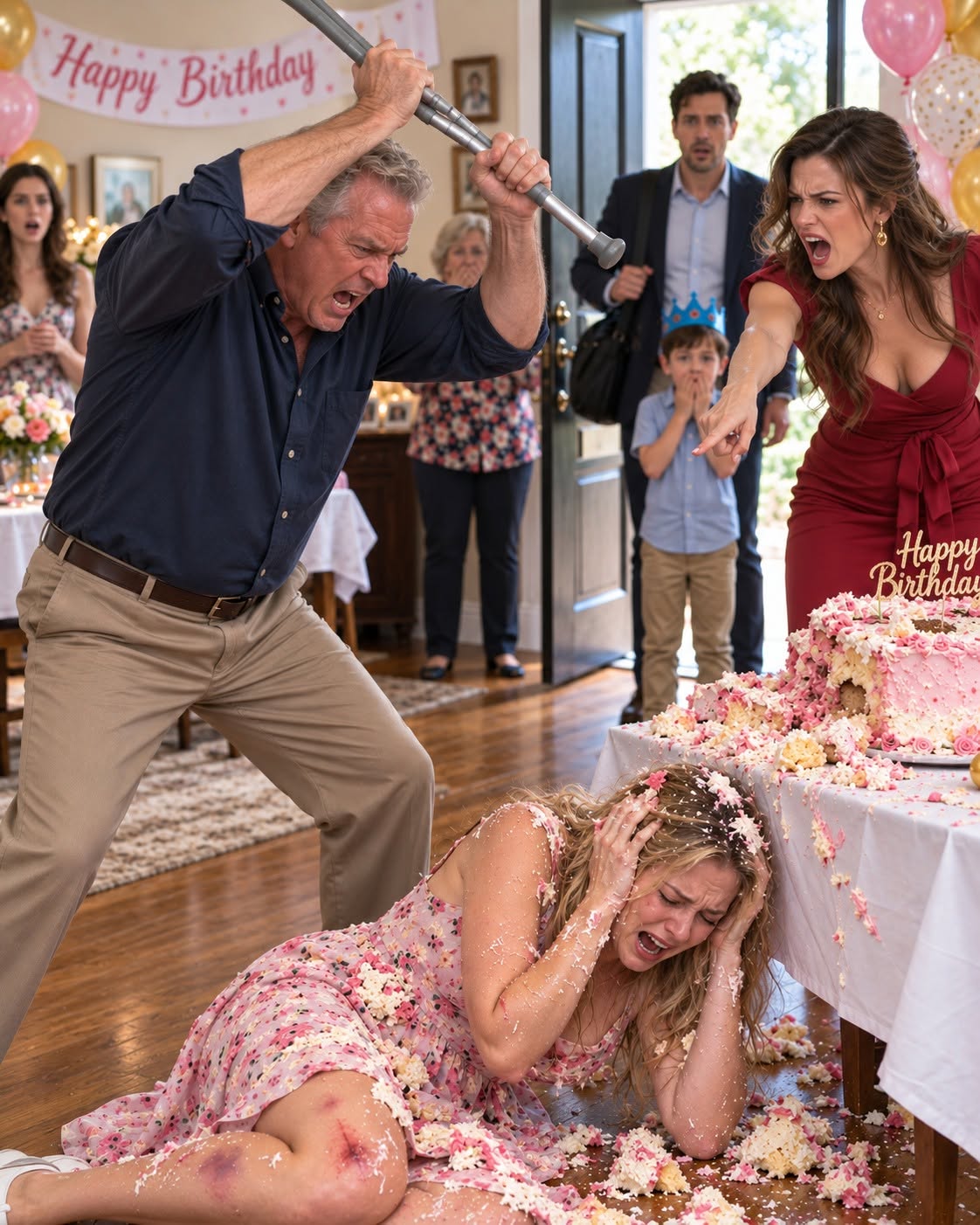 My sister-in-law shoved me into my nephew’s birthday cake, then told the entire room I had ruined his party. But the humiliation wasn’t what broke me. It was watching my own father take the crutch I needed to stand, let me collapse in front of my family, and demand that I apologize, until the one person Rachel never expected walked through the front door.