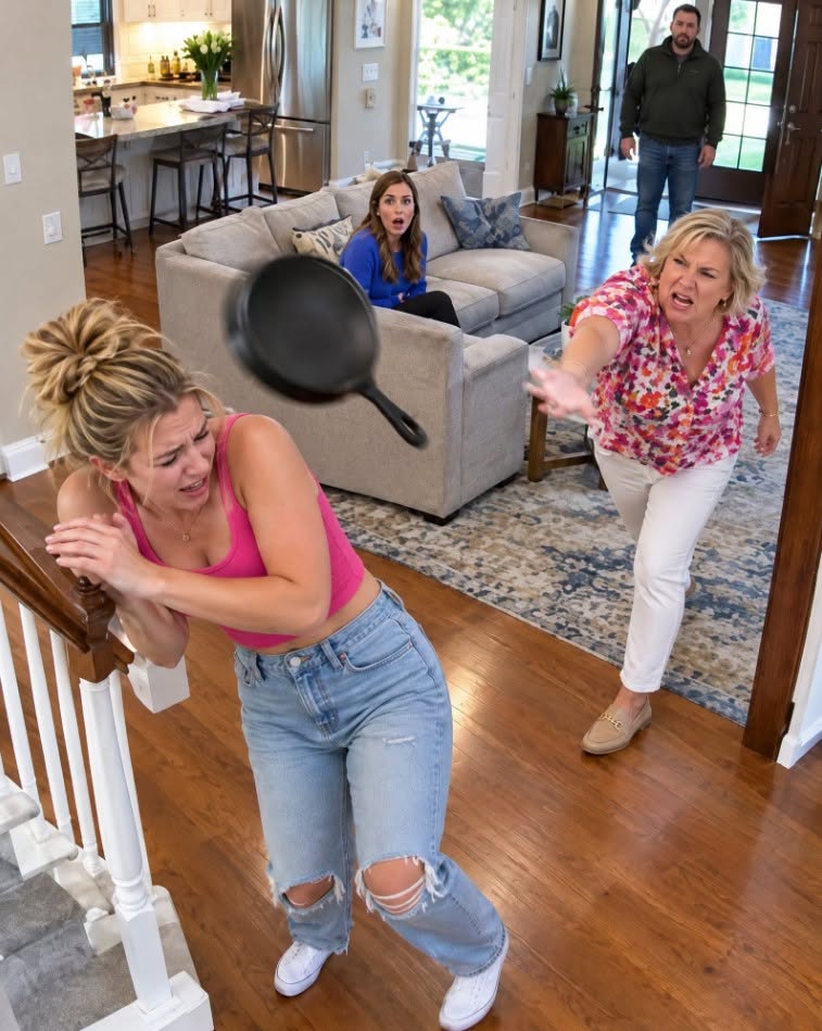 I came home two days after emergency surgery, and my mother-in-law demanded I cook before I could even put down my bag. When I said I was leaving, she grabbed a cast-iron skillet and hurled it at my head. My sister-in-law jumped up—not to help me, but to blame me. Then both women froze. Someone had entered behind me without a word, and when he finally spoke, my mother-in-law stopped looking at me.