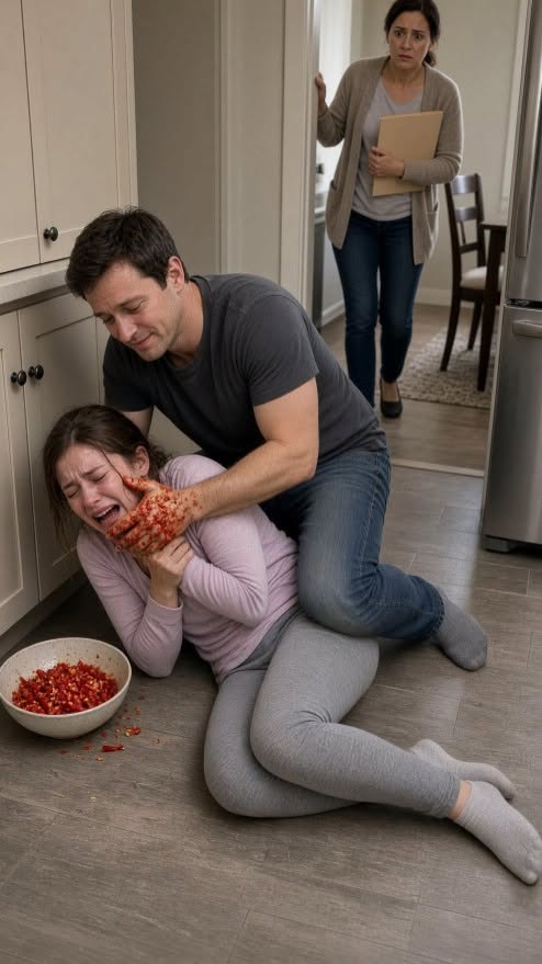My husband forcefully pinned our screaming daughter down, smeared raw hot chili directly across her eyes, and chuckled: “Just a little prank.” As she choked on her own tears, clawing at her burning skin, I walked in with the file that would turn his sadistic game into a lifetime behind bars.