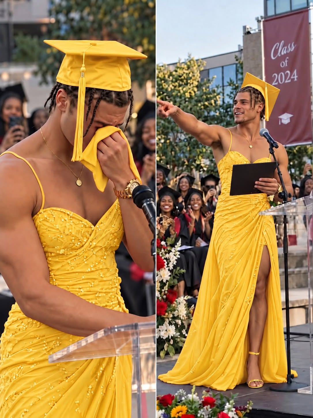 My son walked across the graduation stage wearing a bright red dress while hundreds of people laughed.