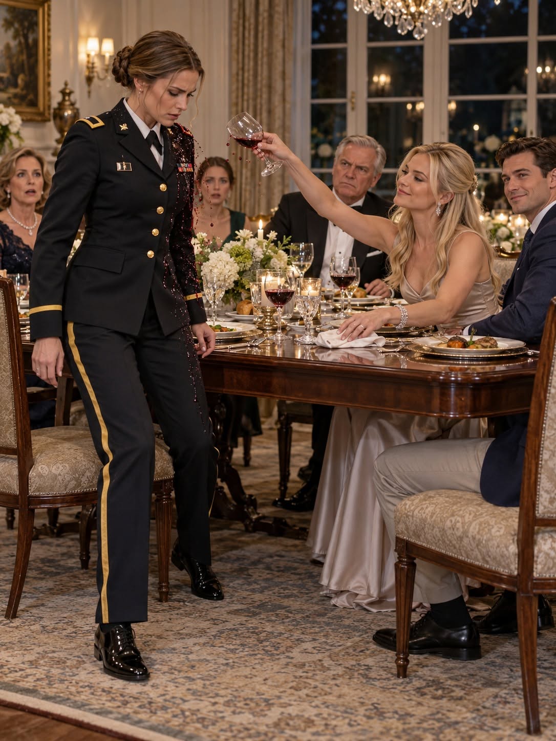 My father called the chain at my neck a dog collar in front of his dinner guests. Then my sister-in-law's Cabernet splashed across my Army uniform. She said her hand had slipped. My brother hid a smirk, and Dad acted as if I were the one spoiling his evening. I went to clean the stain and set the chain beside the sink. When I reached for it again, it was gone. Minutes later, my brother was reaching for his coat, suddenly desperate to leave the house.