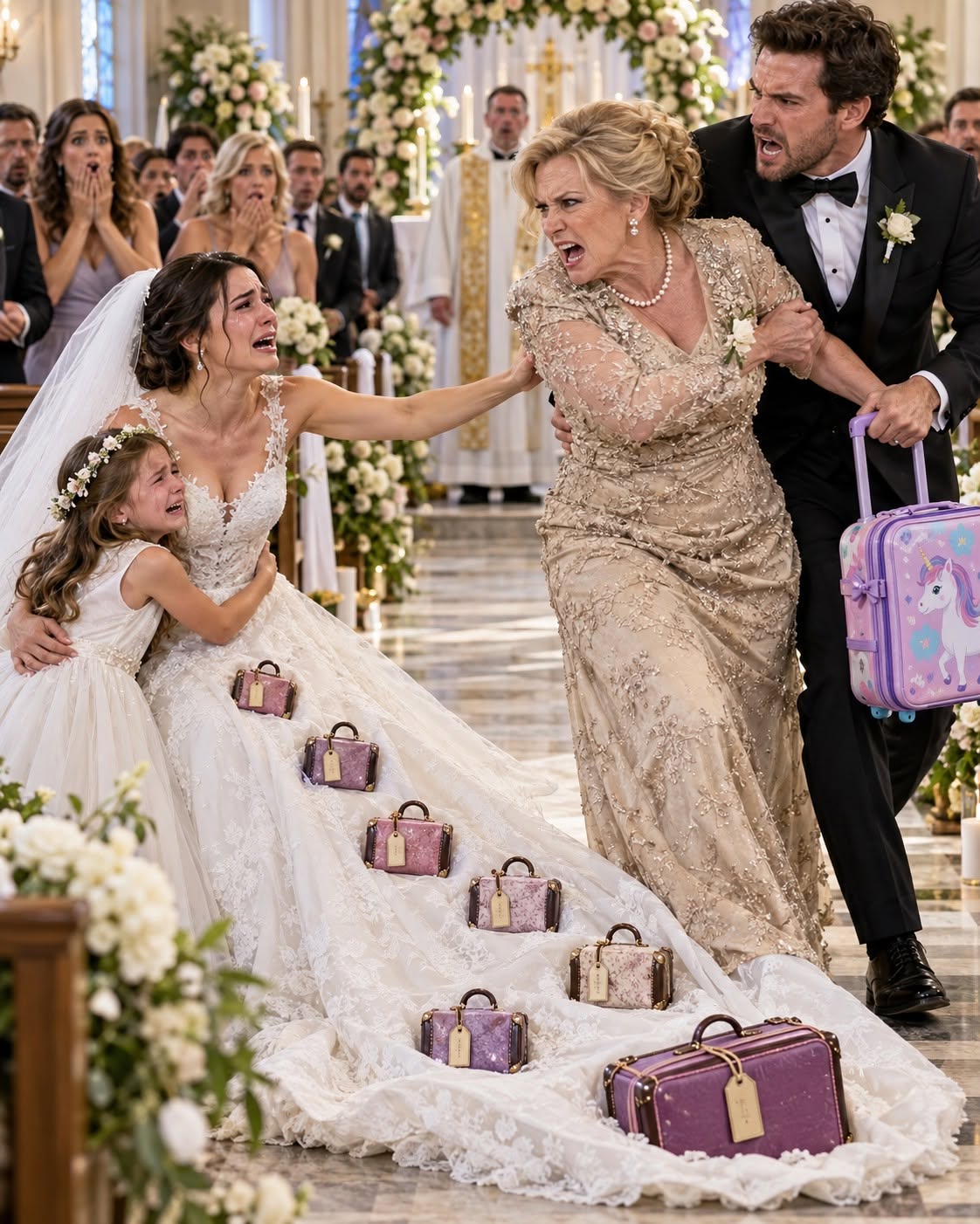 "My future mother-in-law covered the train of my wedding dress with tiny suitcases because I already had a seven-year-old daughter—and when my fiancé realized what she had done, his reaction left the entire ceremony speechless.