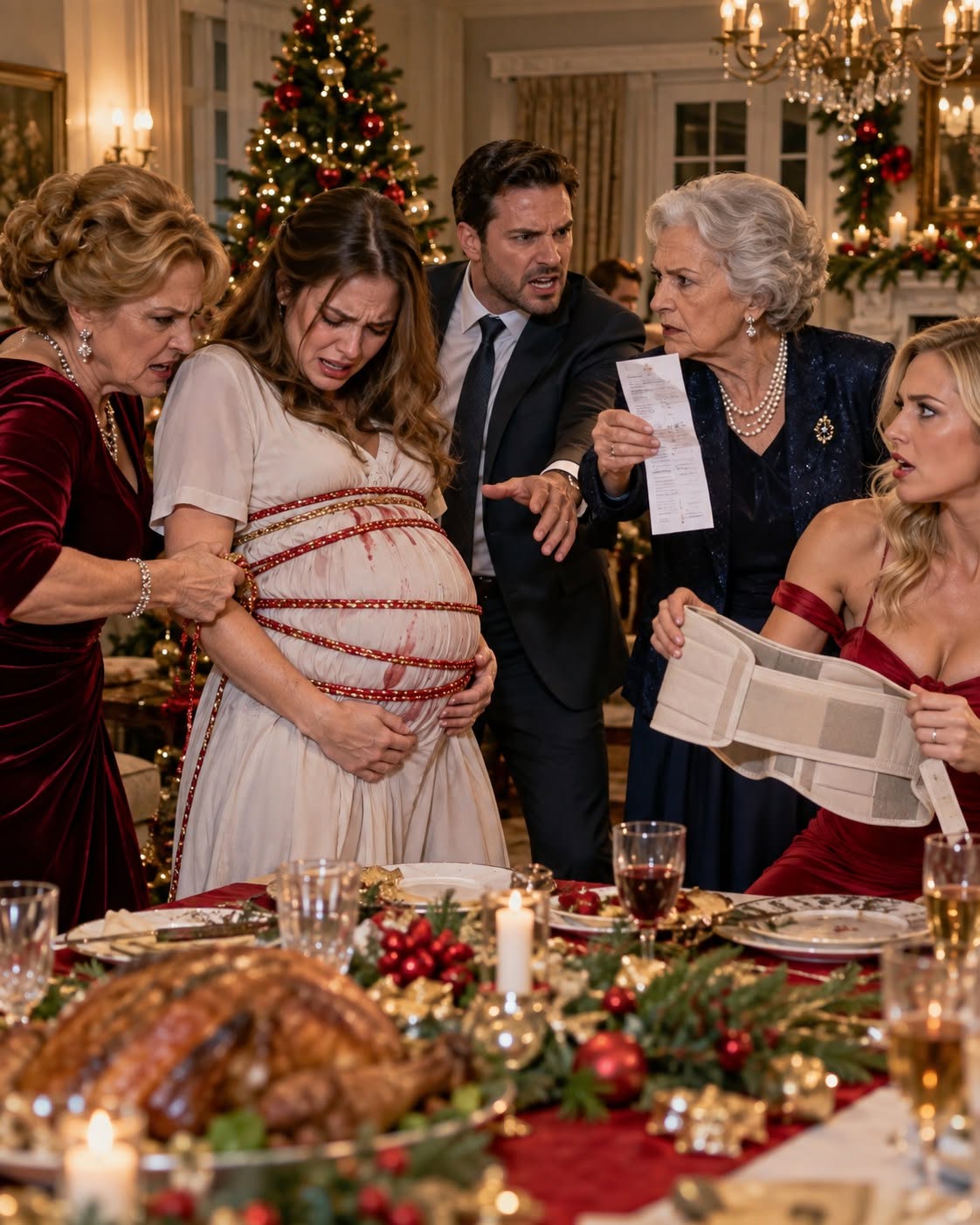 My mother-in-law wrapped decorative cords around my swollen belly and tightened them before Christmas dinner because she said carrying ten babies had made me indecently enormous. The cords pressed across inflamed stretch marks until faint red stains appeared on my maternity blouse, while my husband collected bets on how long I could remain standing. His mistress wore my prescribed support belt and laughed whenever I struggled to breathe normally. Then my husband’s grandmother entered with the hospital receipt, examined the missing belt around the mistress’s waist, and asked why equipment purchased for a high-risk patient had been returned under her grandson’s name for cash…
