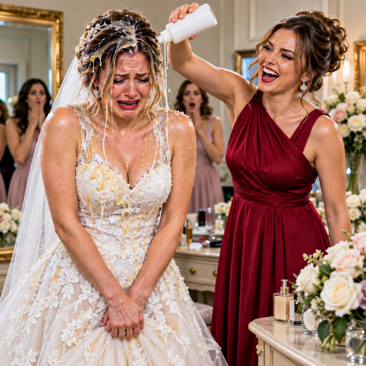 ON MY WEDDING DAY MY SISTER POURED INSTANT GLUE ON MY $18,000 DRESS! SHE SMILED AS I STOOD THERE- HUMILIATED AND SHAKING... BUT 1 HOUR LATER... THE VENUE DOOR OPENED AND HER SMILE VANISHED