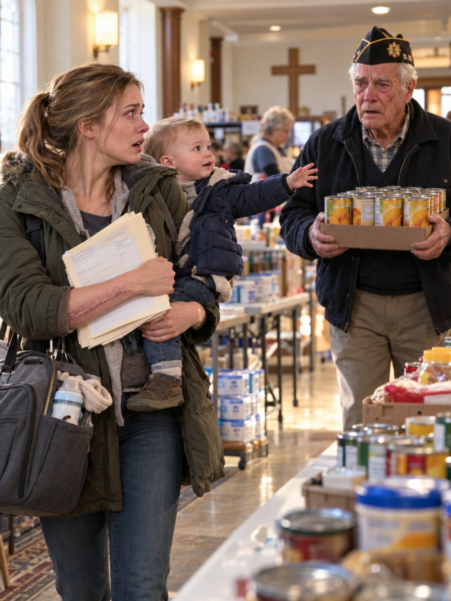 The morning my grandfather found me in a church pantry line, I was trying to decide whether powdered formula or diapers mattered more. I had eight dollars and seventeen cents in my checking account, my eleven-month-old son was chewing on the collar of my coat, and I was praying nobody from my old Army unit would walk into that basement and recognize me. Then the door opened, and retired Major General Thomas Bennett stepped inside carrying a case of canned peaches.