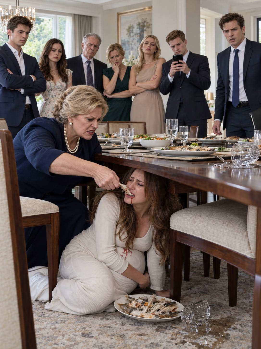 I returned home to grab a folder and found my eight-month-pregnant wife crouched beneath our dining table while my mother pushed fish b0nes toward her mouth.