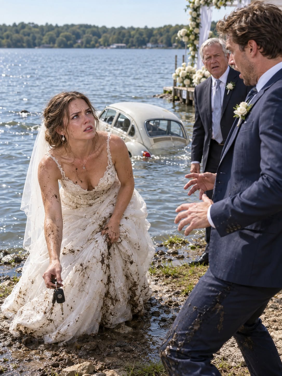 On my wedding day, my brother stole the classic Volkswagen Beetle our late grandpa had legally left me and shoved it into a lake because I refused to split a $70,000 offer with him. My dad actually laughed when Derek tossed the muddy keys at my dress and said, “Go park it now, sis.” I picked them up, looked at my brother, and asked one quiet question that wiped the smile off his face...