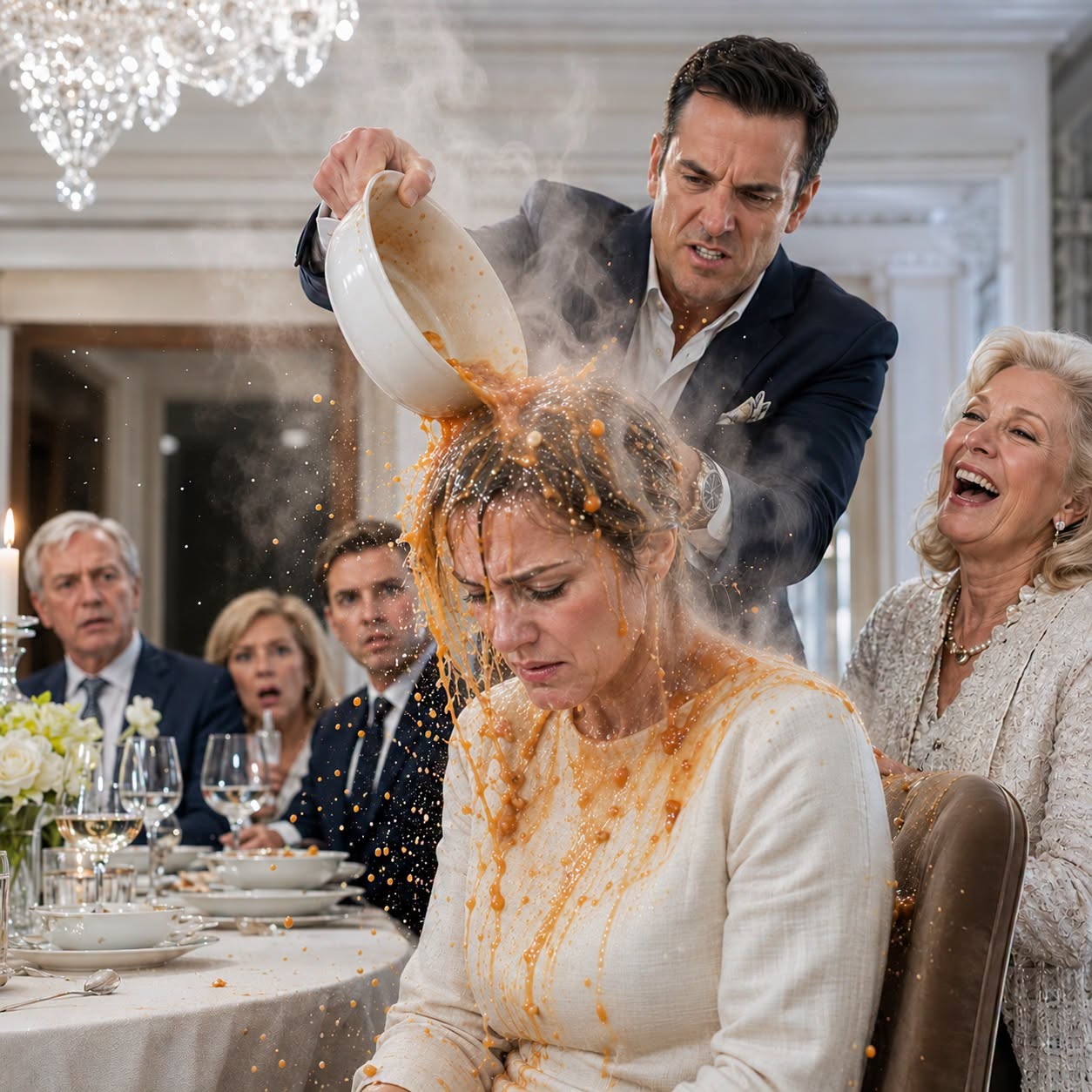 At the family dinner, my husband poured hot soup on my head while his mother laughed.. Then he said "You've got 10 minutes to get out." I wiped my face pulled some papers from my bag laid them on the table and said calmly "You're right." 10 minutes later...