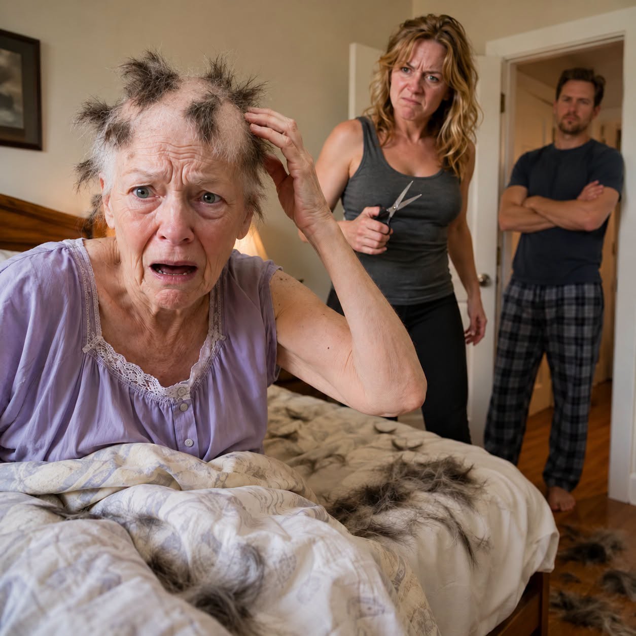 My daughter in law cut my hair while I slept. When I woke up in shock, she smiled. "Now you learn your place." My son agreed. "You needed a lesson, mom." I held back my tears. But what I did three days later made both of them fall to their knees begging for my forgiveness...