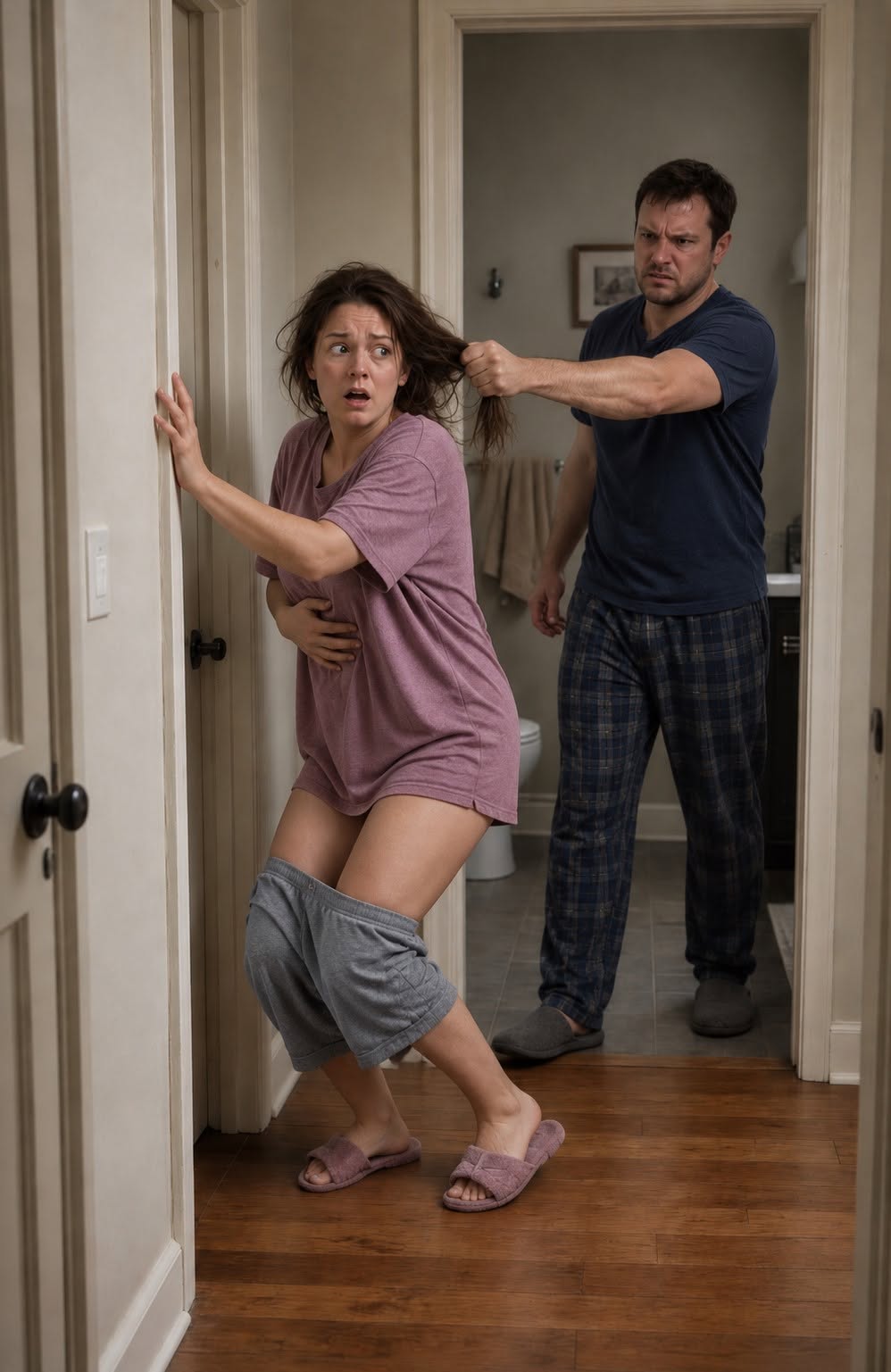 I was still on the toilet when my husband grabbed my hair, dragged me into the hallway with my clothes half down, and slammed my shoulder into the doorframe because our newborn had kept him awake again. By the time I hit the floor, I barely looked like the woman who'd come home from the hospital three days earlier—my hair was stuck to my sweaty face, one cheek was swelling, my lip had split, and dark bruises covered my arms above the hospital wristband. His mother threw my crying baby onto a pile of blankets. I crawled to my son first, smashed the bathroom stool into my husband's shin, shoved her away, and locked us inside. Then he screamed that life had been better before I gave birth.