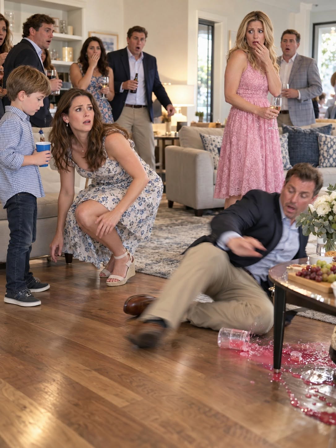At my housewarming, my sister-in-law handed my seven-year-old son a bright pink drink and watched him so closely that I stopped pretending everything was normal. I bent down to tie Ethan’s shoe, quietly switched his cup with the identical one beside her husband, and said nothing. Five minutes later, the wrong man collapsed on my new hardwood floor—and Melissa’s first look wasn’t at him. It was at my son...