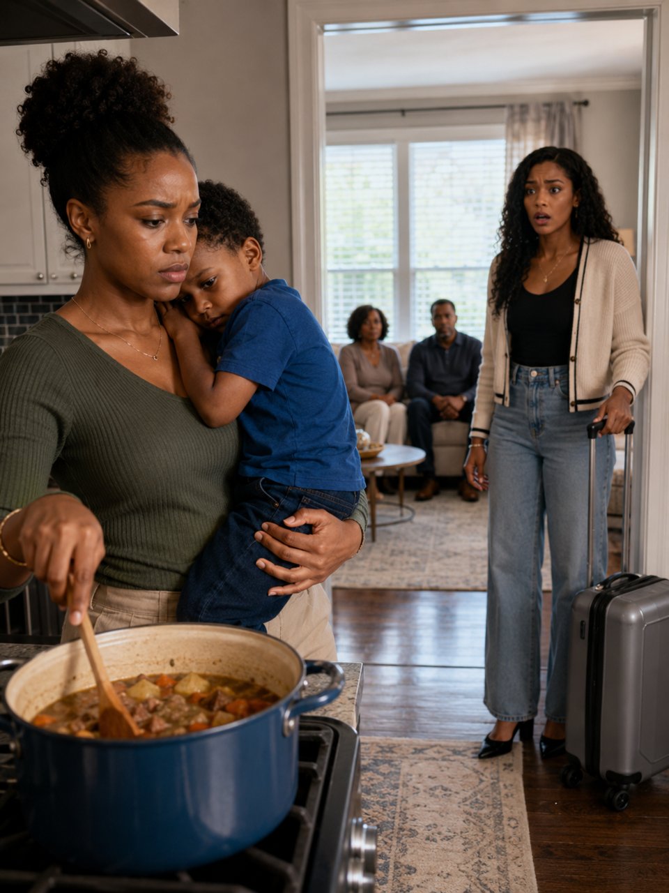 I came home three hours early and found my sick mother cooking with my son in her arms.