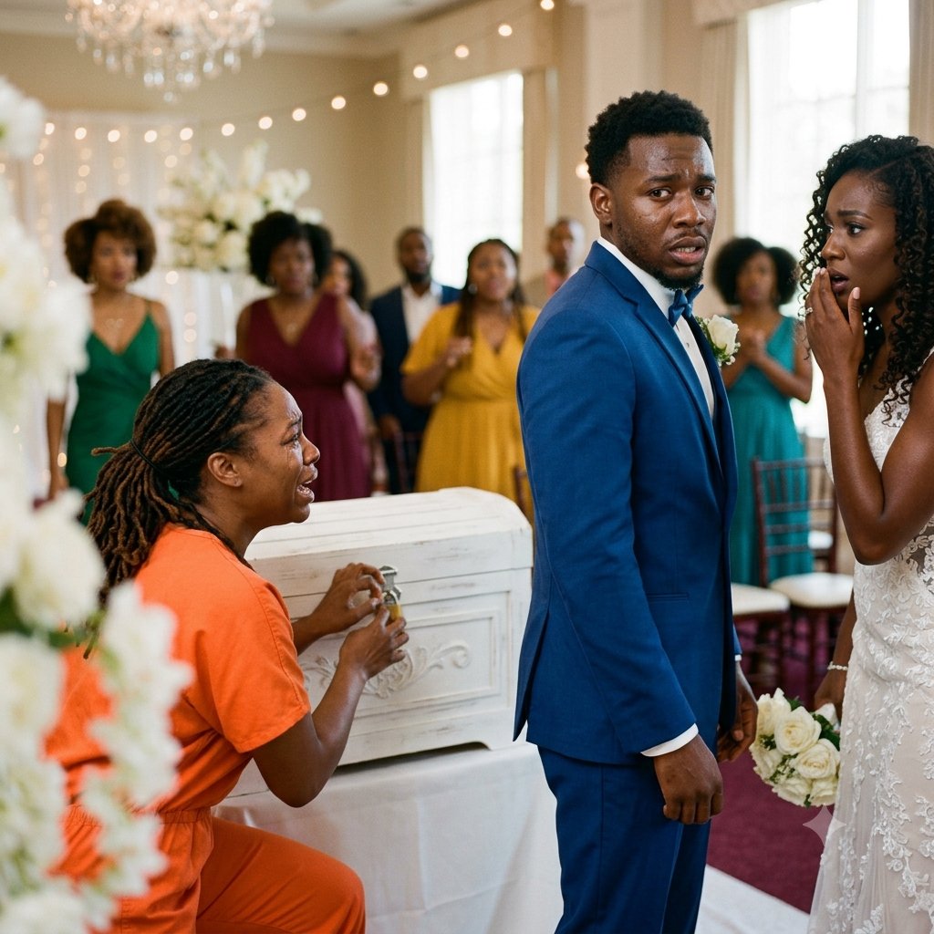 The wedding guests screamed when a woman in an orange prison uniform burst into the ballroom.
