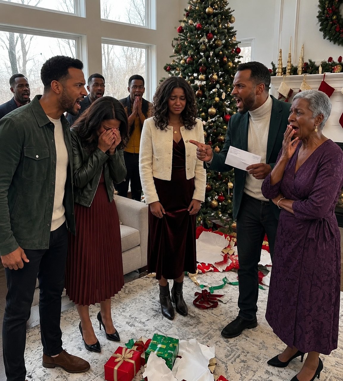 My daughter stood invisible among twenty-three celebrating relatives, clutching her red velvet dress while the space beneath the Christmas tree remained completely empty for her.