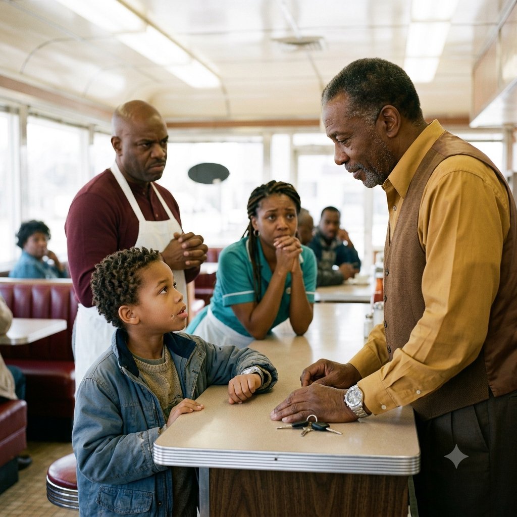 A young boy, Leo, stepped into a quiet diner late at night wearing a worn blue jacket.