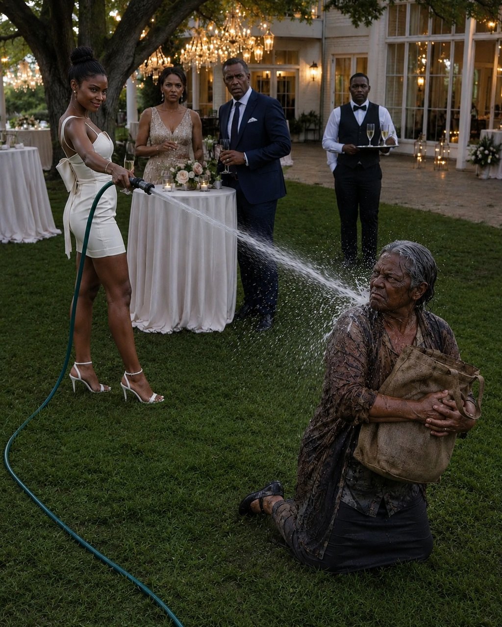 During my son's betrothal celebration, his future bride sprayed me with a garden hose before thirty onlookers, sneering, "Beggars have no place at weddings here." I simply held my grocery tote close to my chest, keeping my phone's camera rolling, waiting for the moment she realized her true…