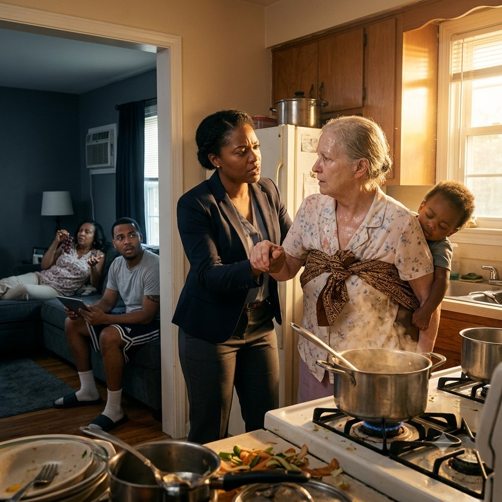 "I Came Home Three Hours Early and Found My Sick Mother Cooking with My Son Strapped to Her Back While My Husband and Mother-in-Law Watched TV in Air Conditioning.