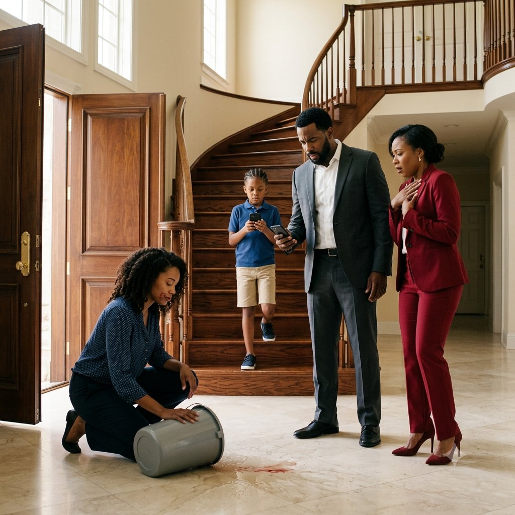 Seven-year-old Noah stood halfway down the grand staircase, gripping a black smartphone with both hands.