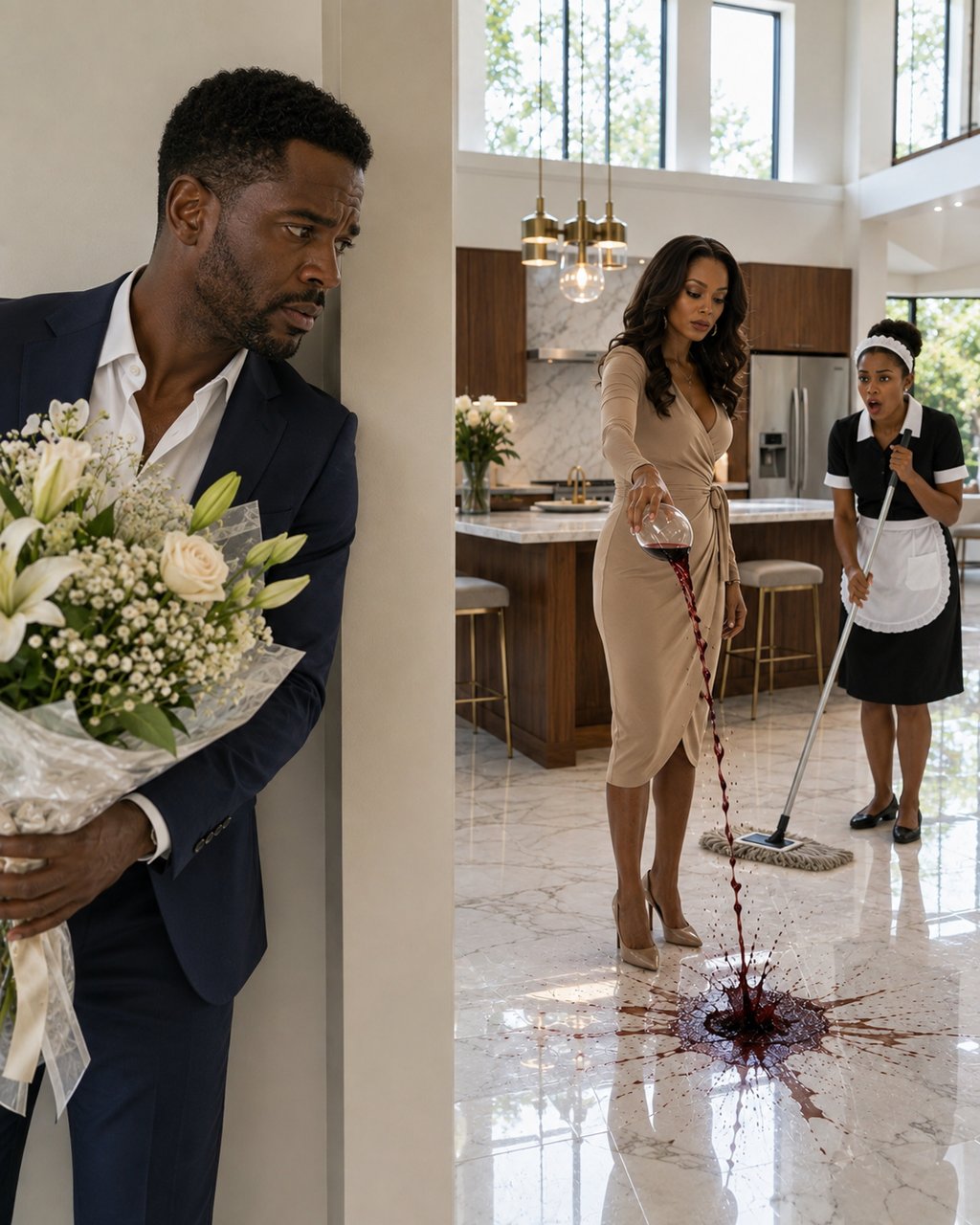 Three weeks before their wedding, he arrived home early carrying flowers to surprise his bride-to-be.