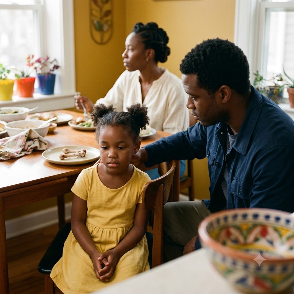 Nia was seven, and she had learned that the safest way to sit at that table was to keep her hands in her lap and her eyes on the plate in front of her.
