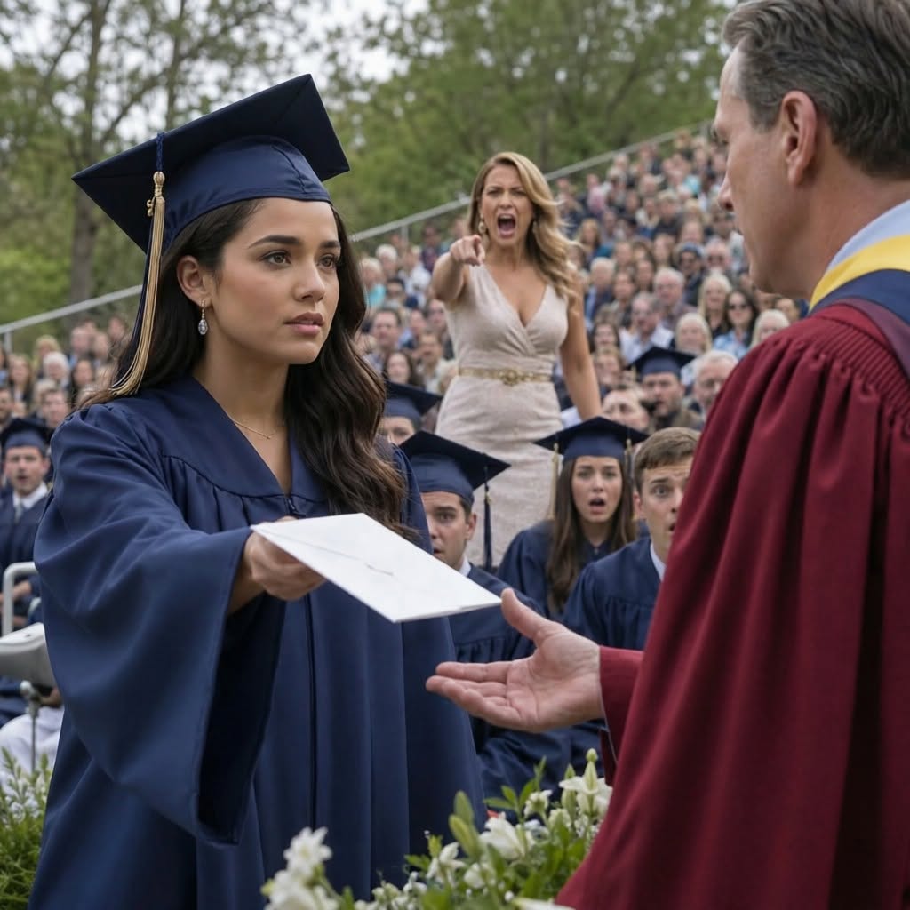 My sister stood up at my graduation and screamed, “She cheated!”—but the sealed envelope beneath my gown contained evidence that would destroy her life before I even left the stage.