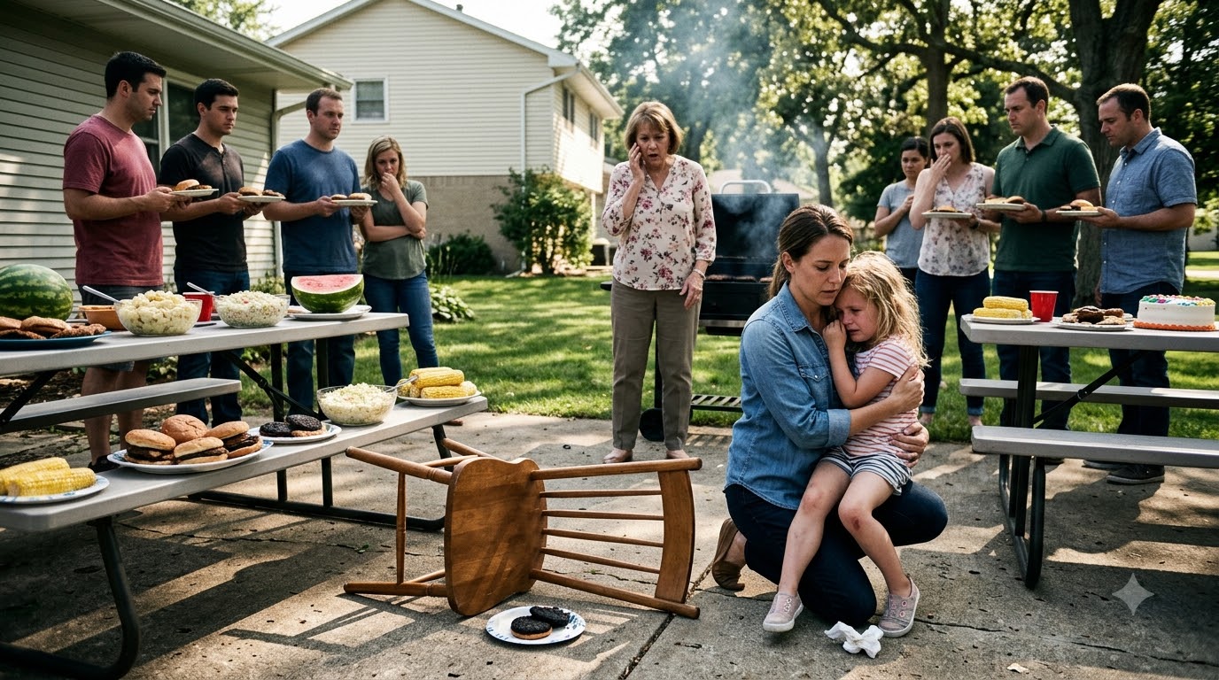 Everyone at the barbecue was eating—except my five-year-old daughter, who was crying beside a burned hamburger after Grandma told her to “eat the ashes.”