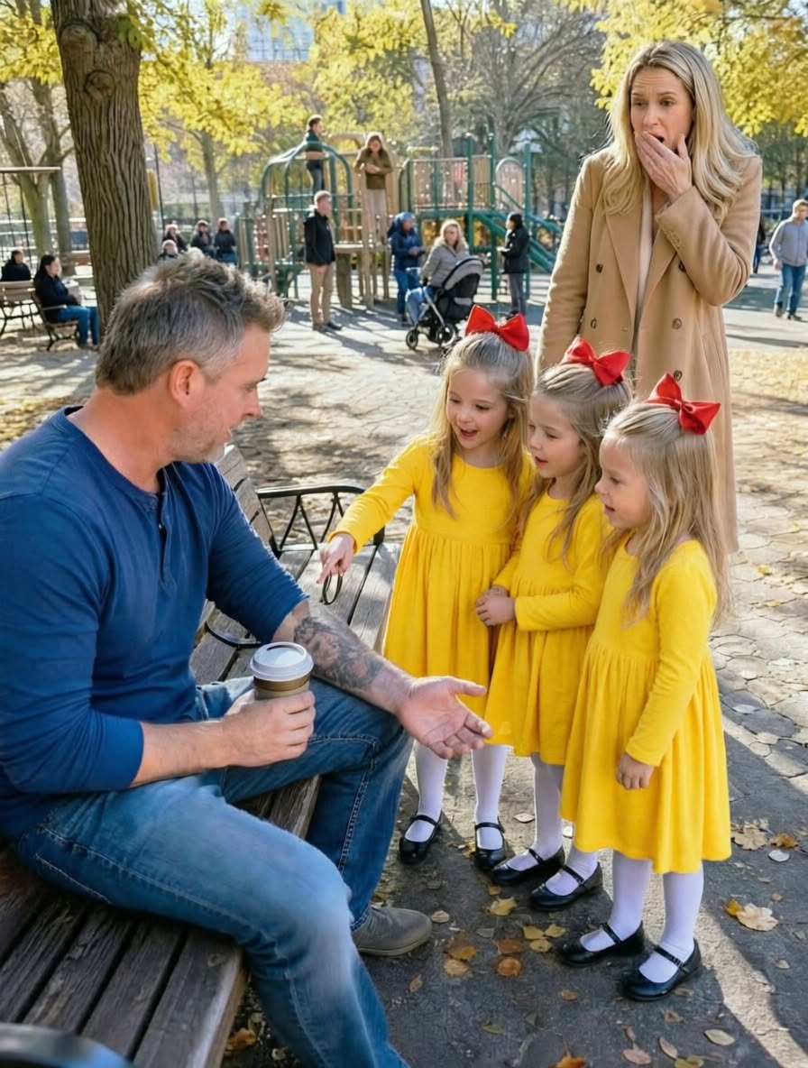 Three identical girls pointed at a single father’s tattoo and said, “Our mother has the same one”—but the tattoo came from a secret night exactly eight years earlier.