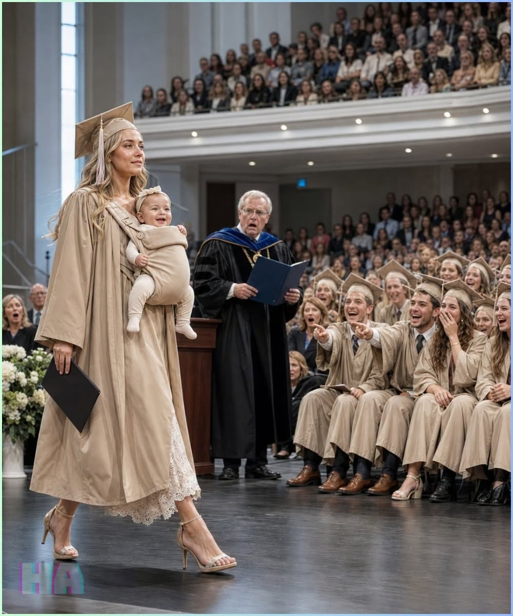 Everyone mocked the single mom carrying her baby across the graduation stage—until the university president opened a blue folder and called her family’s names.