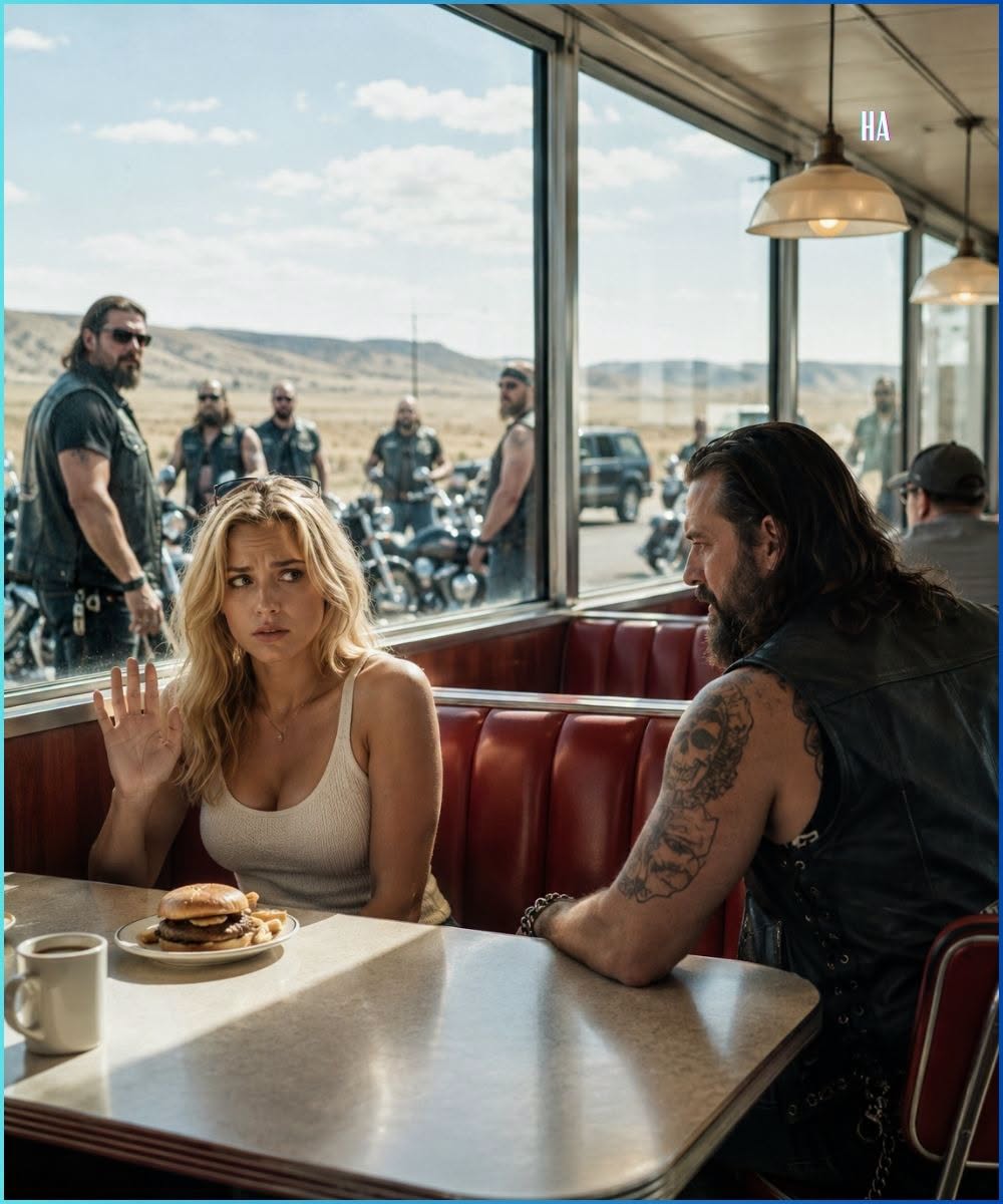 She flashed a silent distress signal across a crowded café—and the terrifying biker everyone avoided not only understood it, he recognized the man hurting her.