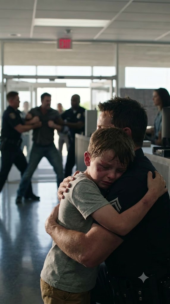 A bruised eight-year-old ran barefoot into my police station begging me to lock the door—then the man chasing him saw my face and suddenly stopped cold.