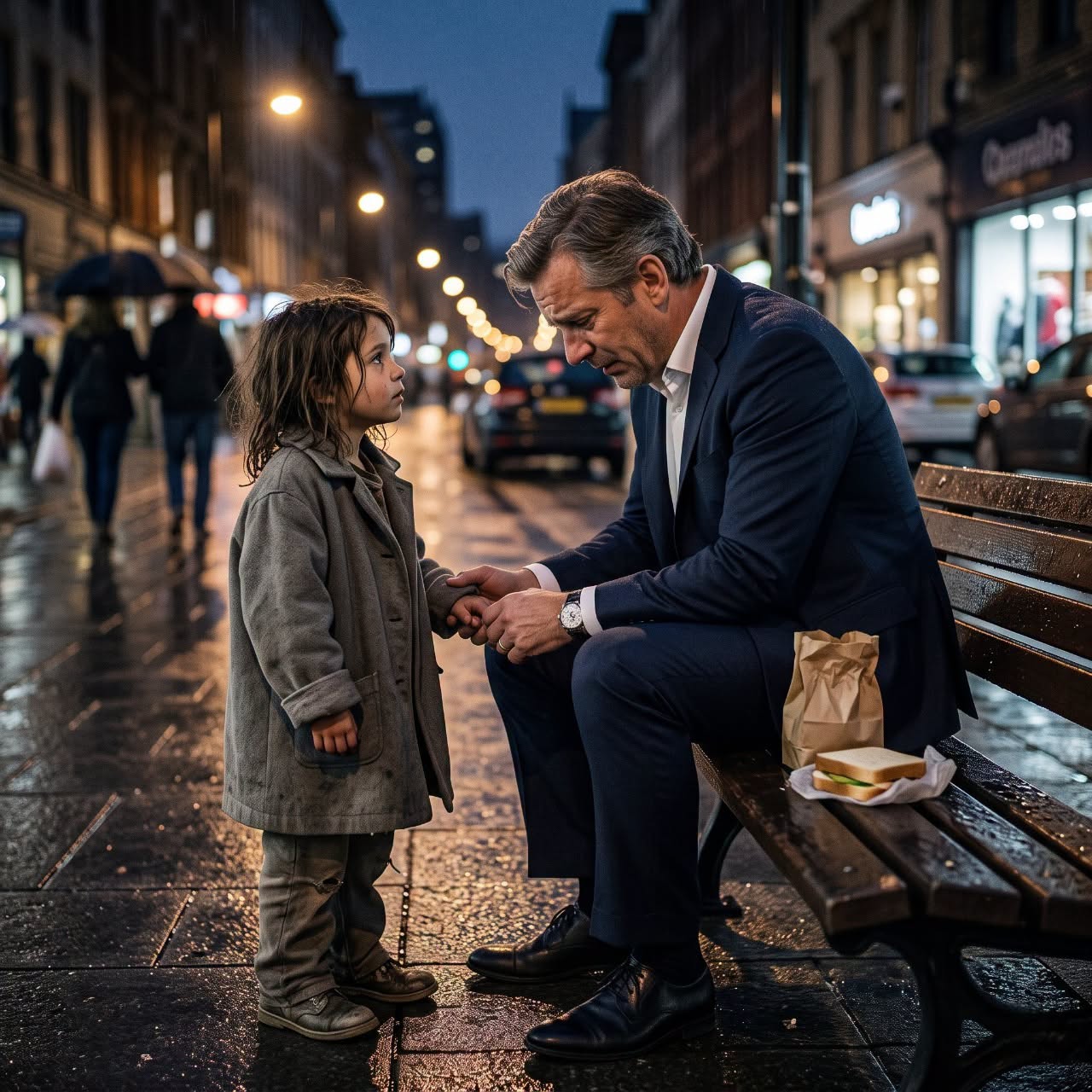 A heartbroken millionaire found a barefoot little girl alone in the rain—and when she asked, “Are you hungry, too?” his answer left everyone speechless.