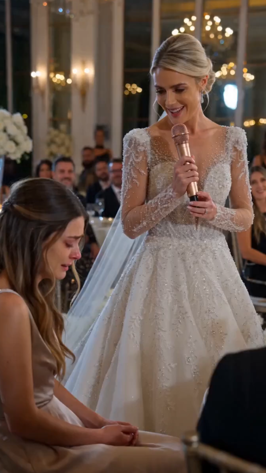 Prate 2 : La boda al aire libre parecía sacada de una fantasía de millonarios.  Rosas blancas envolvían los arcos dorados mientras los candelabros de cristal brillaban bajo el cielo de la tarde.  El champán centelleaba en copas de cristal. Los invitados de lujo reían suavemente alrededor de las mesas de mármol. Una orquesta en vivo tocaba un elegante violín cerca del altar.  Todo parecía perfecto.  En el centro de la celebración estaba Vanessa Sinclair.  Hermoso vestido blanco de diseñador. Tiará de diamantes. Sonrisa fría bajo las luces doradas.  A su lado estaba su prometido—  Ethan Cole.  Joven millonario. Esmoquin caro. Expresión confiada.  Esa noche debía ser la más importante de sus vidas.  De repente—  Vanessa levantó un micrófono.  La música se suavizó. Los invitados se giraron hacia ella, curiosos.  Vanessa rió ligeramente antes de señalar directamente a una mujer silenciosa al fondo.  —Esta es mi hermana menor.  El foco se dirigió de inmediato.  Una joven con un sencillo vestido blanco se quedó congelada bajo las luces.  Sophia Sinclair.  Sin diamantes. Sin joyas caras. Sin maquillaje de lujo.  Solo ojos temblorosos ya llenos de humillación.  Vanessa sonrió con orgullo.  —Se casó con un don nadie sin dinero.  La risa se propagó suavemente entre los invitados. Varias mujeres adineradas susurraron tras sus copas de champán. Un empresario negó con la cabeza con burla.  Sophia permaneció completamente inmóvil.  Sus manos temblaban a los lados mientras cientos de ojos la observaban con lástima y ridículo.  Vanessa disfrutaba cada segundo.  Luego señaló dramáticamente hacia el extremo del pasillo cubierto de flores.  —Miren… —Este es su esposo.  Las luces del salón se atenuaron ligeramente.  Y de repente—  Un hombre con traje negro apareció al final del pasillo.  Caminando lentamente hacia la ceremonia. Tranquilo. Silencioso. Poderoso.  La atmósfera cambió al instante. Incluso la orquesta pareció vacilar por un momento.  Sus zapatos pulidos resonaban suavemente sobre el mármol mientras los invitados giraban confundidos para mirarlo.  Algo en él parecía extraño para un “don nadie pobre”.  Demasiado compuesto. Demasiado imponente.  El hombre caminó junto a las filas de invitados ricos sin mirar a nadie.  Y de alguna manera—  La gente se apartó instintivamente para dejarlo pasar.  La sonrisa de Vanessa comenzó a desvanecerse ligeramente.  Porque de repente—  La risa ya no era tan fuerte.  Entonces—  Ethan levantó la vista.  Y todo su rostro perdió color al instante.  Su copa de champán temblaba violentamente en la mano.  —No…  Su voz apenas escapó.  Vanessa frunció el ceño inmediatamente.  —¿Qué?  Ethan miró al hombre que se acercaba como si acabara de ver un fantasma.  Su respiración se volvió entrecortada.  —Espera…  Sus labios temblaban ahora.  —…ese es mi jefe.  El micrófono casi se le cae de la mano a Vanessa.  Toda la boda quedó en silencio.  Silencio absoluto.  Porque de repente—  Todos entendieron algo aterrador.  El “don nadie pobre” no era pobre en absoluto.  El hombre misterioso finalmente llegó al altar.  Alto. Elegante. Ojos grises fríos.  Y de pie junto a Sophia—  Parecía completamente intocable.  Vanessa forzó una risa nerviosa.  —Eso es imposible…  Pero Ethan dio un paso atrás instintivamente.  Como si el miedo ya hubiera tomado el control de su cuerpo.  Porque sabía exactamente quién estaba frente a él.  Adrian Laurent.  CEO de Laurent Global Holdings.  Propietario de la empresa para la que trabajaba Ethan. Uno de los multimillonarios más jóvenes del país.  Y el hombre famoso por destruir carreras de la noche a la mañana.  Sophia miró lentamente a su esposo entre lágrimas temblorosas.  La expresión de Adrian se suavizó al instante al verla llorar.  Ese pequeño cambio solo aterrorizó aún más a Ethan.  Porque todo el mundo de los negocios sabía una cosa sobre Adrian Laurent—  Nunca mostraba emociones.  La respiración de Vanessa se volvió desigual.  —¿Tú… te casaste con él?  Sophia no dijo nada. Las lágrimas nuevas caían silenciosamente por sus mejillas.  Porque durante años—  Su familia se había burlado de ella por negarse a perseguir dinero y estatus.  La llamaban tonta. Ingenua. Vergonzosa.  Pero ninguno conocía la verdad.  Adrian nunca le dijo a nadie quién era cuando se conocieron.  Quería que alguien lo amara sin temer su riqueza.  Y Sophia lo hizo.  Los invitados comenzaron a susurrar frenéticamente:  —Dios mío… —Ese es Adrian Laurent. —No puede ser…  Las manos de Ethan temblaban más.  Porque de repente—  Cada cruel palabra que Vanessa había dicho momentos antes se le vino a la mente.  —Un don nadie sin dinero.  Adrian lentamente giró la mirada hacia Vanessa.  Y toda la atmósfera se volvió asfixiante.  Sin gritos. Sin ira. Solo un silencio frío capaz de aplastar toda la boda.  Vanessa intentó forzar otra sonrisa.  —Esto era solo una broma—  —No.  La voz de Adrian cortó la boda como hielo.  Se acercó a Sophia, protegiéndola.  —Humillaste a tu propia hermana…  Sus ojos recorrieron lentamente a los invitados silenciosos.  —…porque creías que la bondad importaba menos que el dinero.  Nadie respiró.  Los labios de Vanessa temblaban violentamente.  Ethan bajó completamente la cabeza.  Porque en el fondo—  Ya sabía que su carrera había terminado.  Adrian finalmente lo miró directamente.  Y de alguna manera—  Eso se sintió peor que un grito.  —Trabajas para mi empresa.  Ethan tragó saliva.  —Sí… señor…  La expresión de Adrian nunca cambió.  —No más.  La frase destrozó la boda al instante.  Los suspiros explotaron entre los invitados.  Vanessa retrocedió físicamente.  —No— espera!  Pero Adrian la ignoró por completo.  En cambio—  Alcanzó suavemente la mano temblorosa de Sophia.  Y por primera vez en toda la noche—  Sophia sonrió entre lágrimas.  Porque finalmente—  Alguien estaba a su lado en vez de reírse de ella.  La orquesta permaneció en silencio.  Las copas de champán flotaron congeladas en el aire.  Y bajo las luces doradas de la lujosa boda—  Cada invitado finalmente comprendió la aterradora verdad.  A Bride Mocked Her Sister For Marrying A “Poor Nobody”… Then The Groom Recognized Him Instantly Dịch tây ban nha  Una novia se burló de su hermana por casarse con un “don nadie pobre”… hasta que el novio lo reconoció al instante