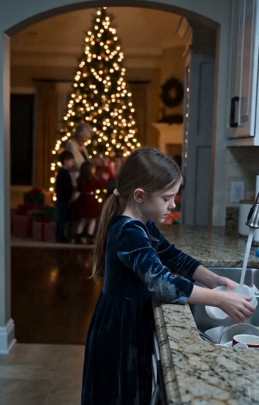 La niña junto al fregadero en Navidad