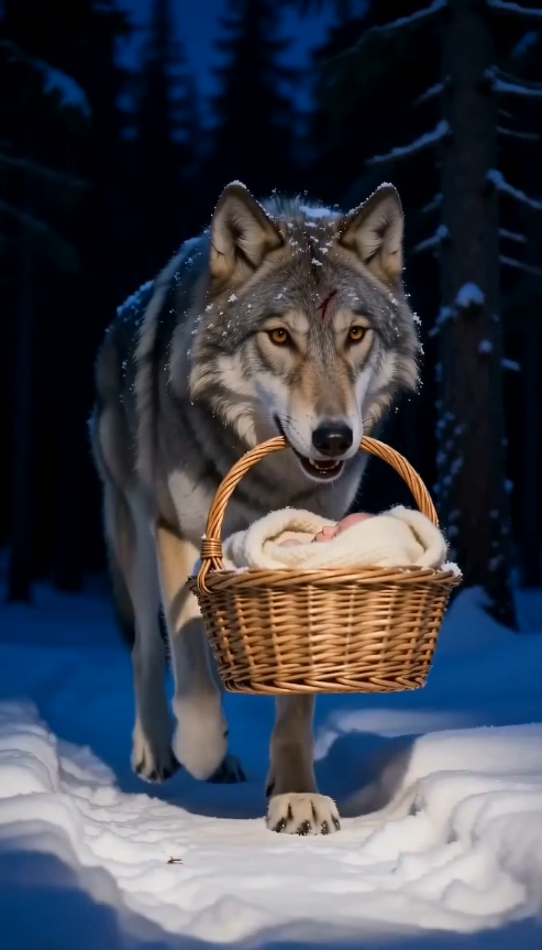 El lobo dejó una canasta en la nieve y no se movió hasta que la abrí.