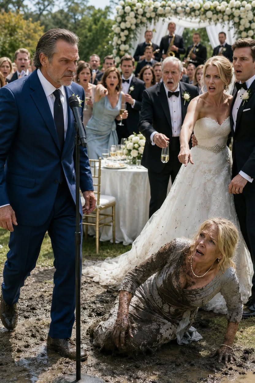 I watched my new daughter-in-law shove my wife face-first into the mud in front of two hundred wedding guests, and my son just laughed—so I walked to the microphone and said the words that ended their marriage before the cake was cut.