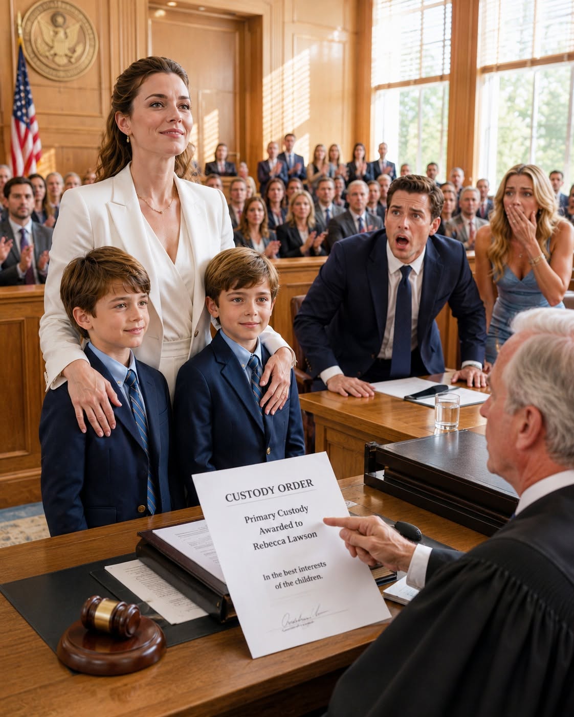 "My ex-husband walked into divorce court flanked by three expensive lawyers, an airtight prenup, and his mistress, fully convinced he’d walk away with our entire transport company and full custody of our twins—until the judge asked why my name was the only one on the original founding documents. For thirteen years I let everyone call me the quiet, uneducated housewife who’d hit the jackpot marrying a successful CEO, never correcting the lie that I’d built Hayes Atlantic Transit from the ground up with my own two hands before we ever got engaged. He smirked at my empty chair and told the judge I was too irresponsible to even show up on time, but the second I walked through those doors holding our boys’ hands, he knew the perfect narrative he’d spent years crafting was about to shatter completely."