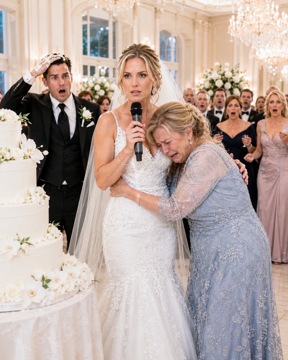 "My rich new groom tossed a crisp $100 bill at my seamstress mom’s feet and sneered it was a tip so she’d never have to scrub floors again, in front of 500 guests who called our wedding a charity project—completely unaware I was a forensic accountant with undercover FBI agents waiting by the doors to arrest him mid-reception. I smiled and smoothed my heavy silk wedding dress while his family laughed at my “poor, uneducated mom,” because I knew the second I grabbed that microphone, the projector would light up with every fake invoice, embezzled dollar, and money laundering scheme the Harringtons had hidden behind their fake fortune for decades. He thought he was trapping a desperate, broke bride into signing away my mom’s small life savings to save his dying empire, but I’d spent six months undercover gathering all the proof I needed to burn his entire precious legacy to the ground before he ever slipped that ring on my finger."