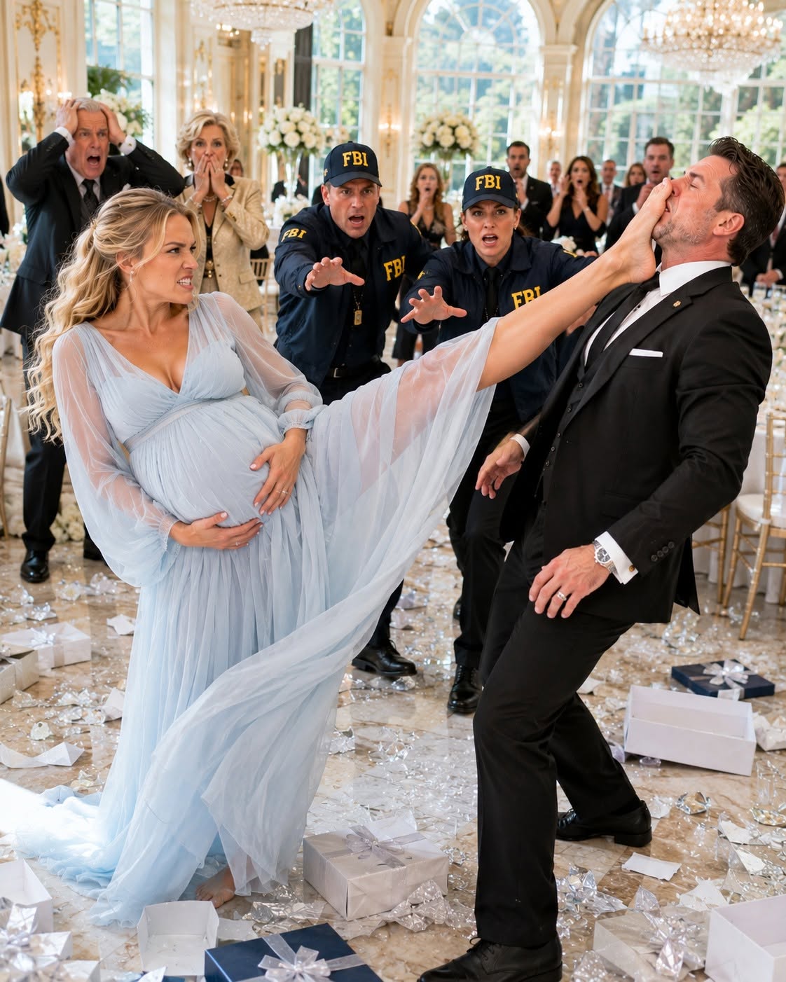 "Eight months pregnant with our long-awaited miracle baby, I lay crumpled on the floor among crushed cupcakes and popped silver balloons after my husband punched me hard in the stomach for kicking out his mistress, while I stared at my broken watch showing exactly one minute until the federal raid I’d planned would destroy his family forever. His wealthy parents actually clapped while he mocked me as a barren junk and called his 22-year-old girlfriend’s baby the “real heir,” never guessing I’d spent 14 months leaking every corrupt record from his father’s billion-dollar empire straight to federal investigators. I forced a bloody smile through the searing pain as I watched them celebrate, because I knew in exactly 60 seconds, armed agents would burst through those doors and the entire Blackwell criminal syndicate would fall before they could even finish their champagne."