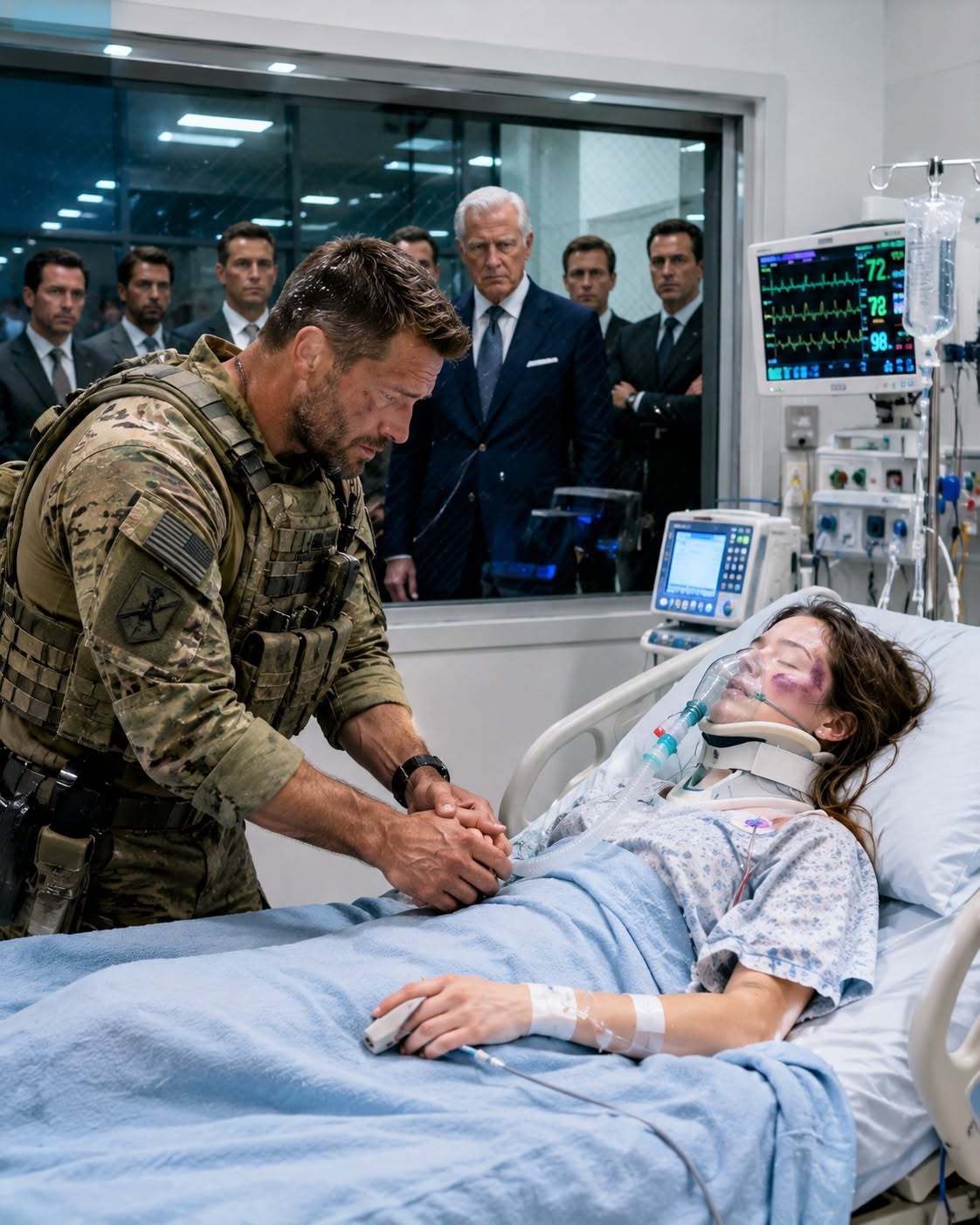 "I came straight from a classified security mission to the ICU, where my wife was so badly beaten I could only recognize her by her wrist ID band, and the doctor whispered she had 31 broken bones and had been pregnant—while her own father and seven brothers stood in the hallway smiling like they’d just won a prize. The detective tried to brush it off as a random home invasion, but I knew my combat-trained wife would never have let an intruder walk away without a scratch, and the way her youngest brother’s coffee cup rattled when I stared him down told me everything I needed to know about who’d really hurt her. They thought I was just a disposable soldier they could intimidate into dropping the investigation, but they had no idea I’d already found the proof hidden in our bleached-clean house that would take down the entire powerful Blackwood crime family one brother at a time."