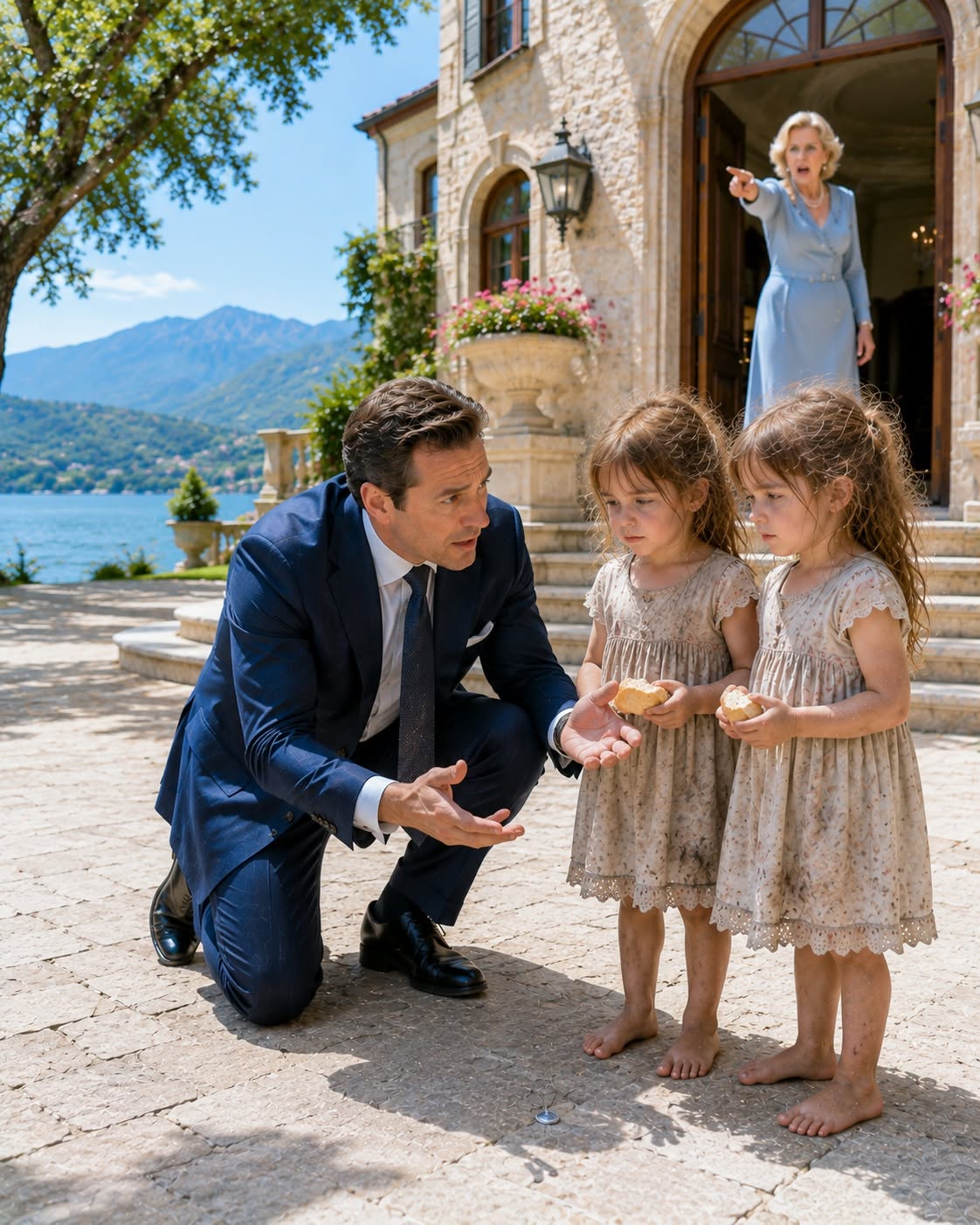 I drove to my late wife’s silent lake house ready to grieve alone, only to find two barefoot, freezing 3-year-old twin girls on the porch clutching a hard bread roll that held the proof my own family had betrayed us both.