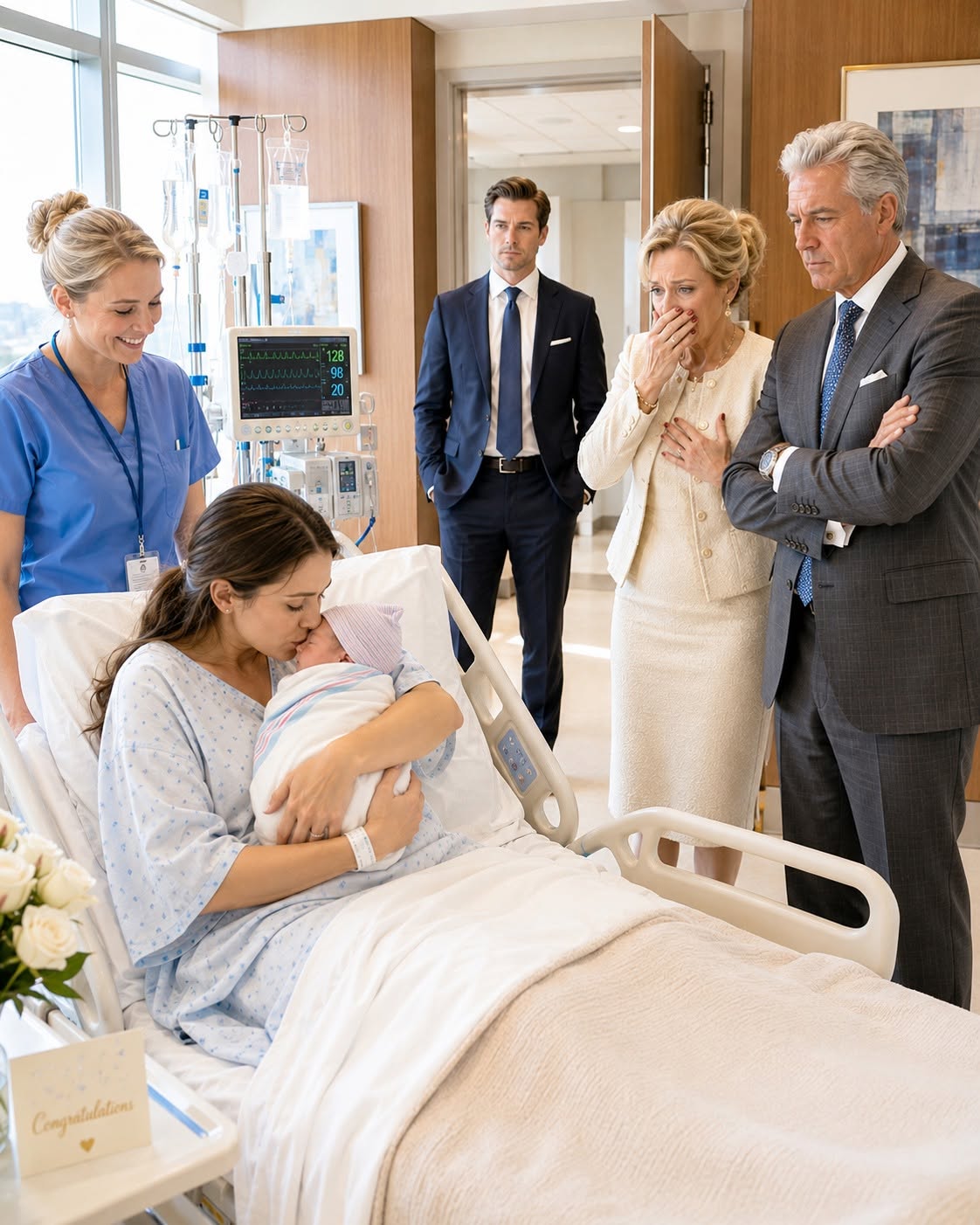 Barely ten minutes after I gave birth to my son, my wealthy parents stormed into the hospital room and swore they’d never acknowledge a fatherless baby, then demanded I sign over my company shares—completely unaware his real dad was already outside with the power to destroy everything they owned.