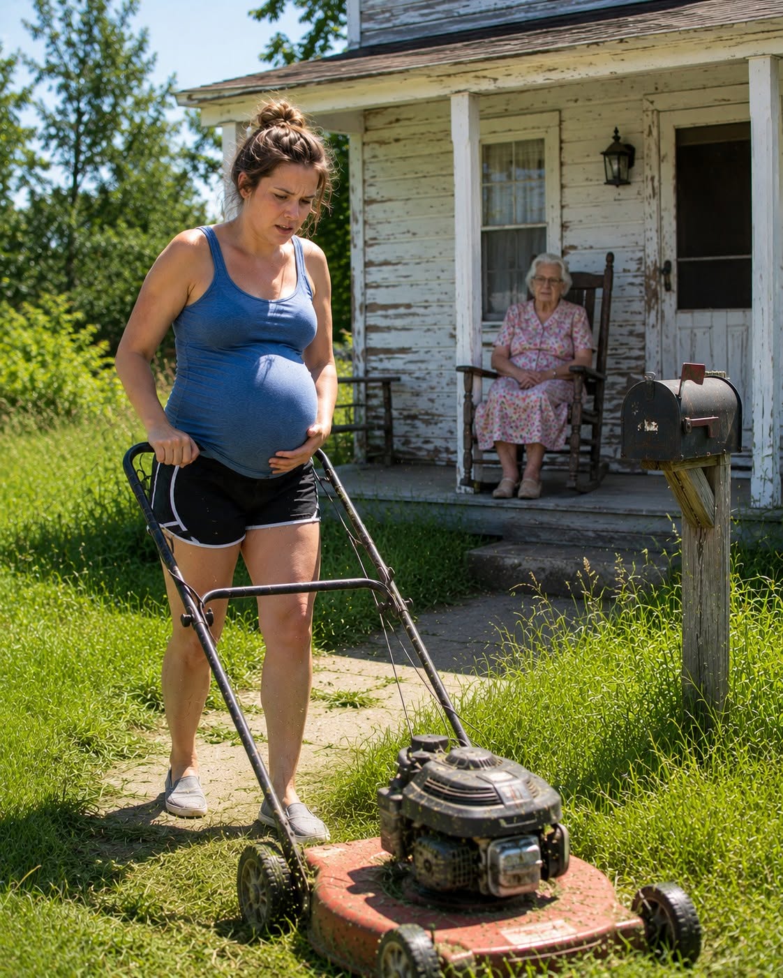 I was 34 weeks pregnant, completely alone, and just three days away from losing my house to foreclosure when I saw my 82-year-old next-door neighbor struggling with a rusted lawnmower, so I spent three sweltering hours cutting her knee-high grass even though my ankles swelled so bad I could barely stand up straight.