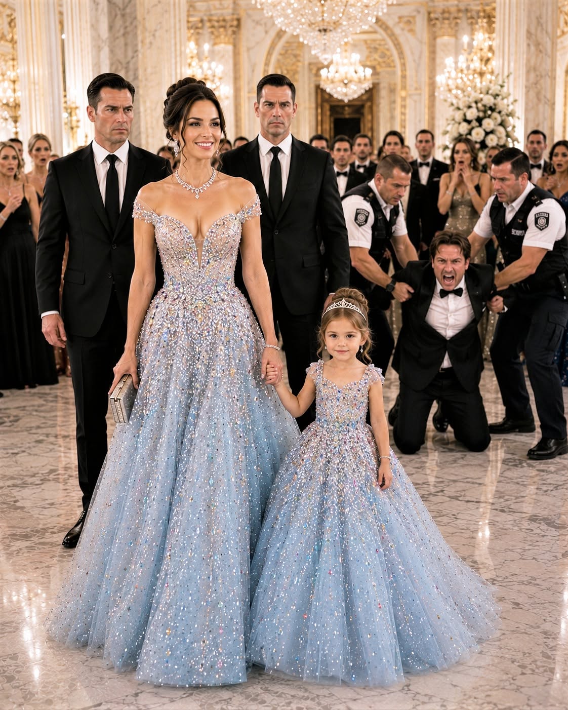 I brought my six-year-old daughter Sophie to my husband Brandon’s corporate gala, clutching the crumpled paper necklace she’d made him for Father’s Day, only for his icy secretary Tessa to block the door and sneer that his real fiancée, their young son, and his future in-laws were already upstairs networking as his legitimate family.