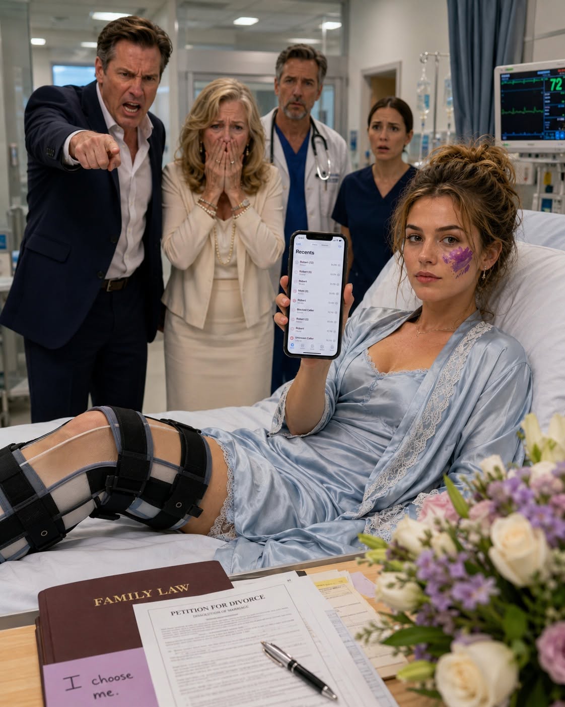 I lay on an ER gurney with a broken tibia and nine fresh stitches from a motorcycle crash, listening to my husband Brandon yell over the speakerphone that I was faking the whole thing for attention, and I better order an Uber immediately to get home and cook his elderly mother her special low-sodium lunch before 2pm.