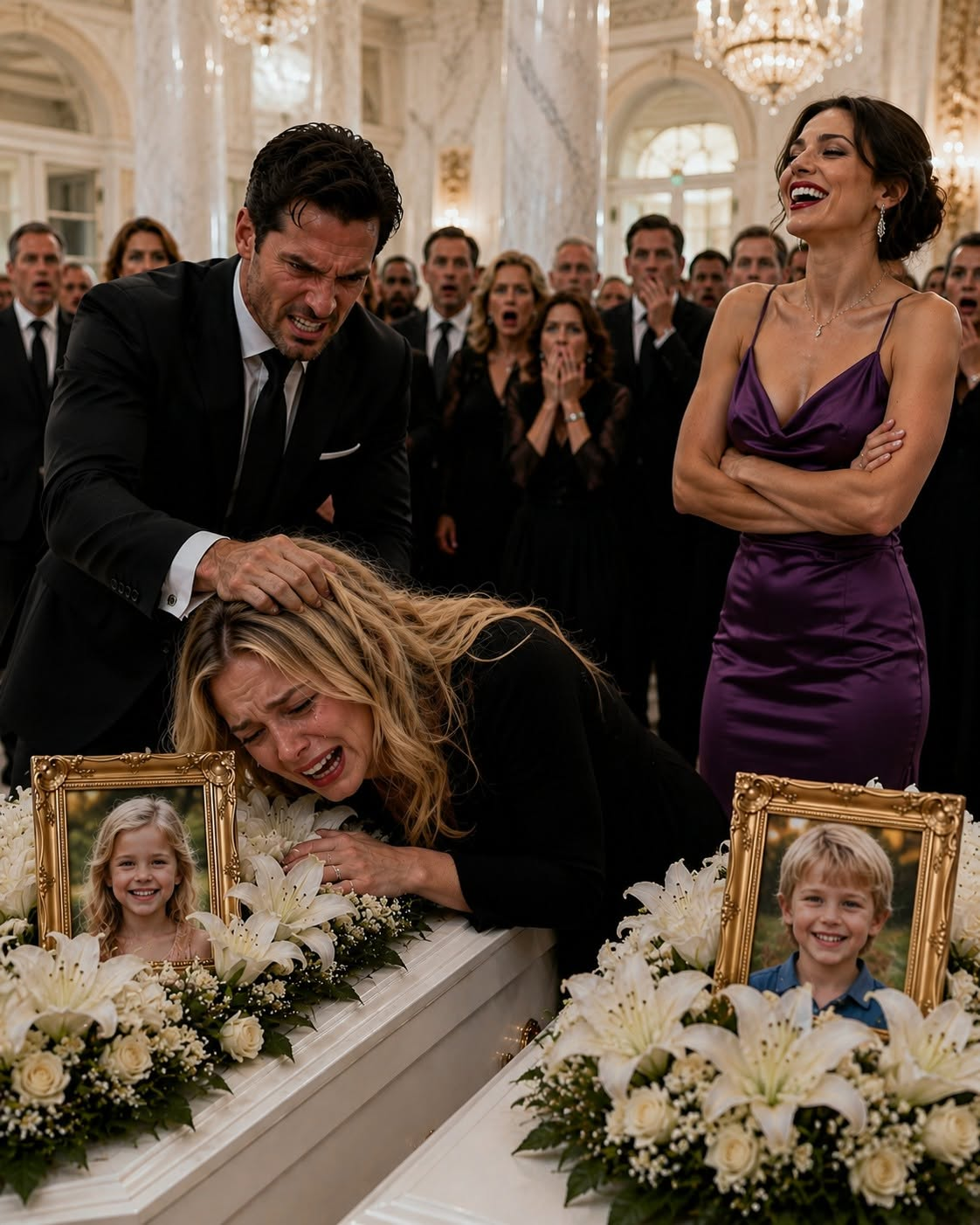 At my twin babies’ funeral my husband Ryan showed up holding his mistress’s hand, laughed openly with her at the back of the chapel while our children lay in their tiny white coffins, then walked up to me and hissed that God had taken them because I’d never deserved to be a mother in the first place—slapping me so hard my temple cracked against Ava’s casket when I begged him to just be quiet for one day.