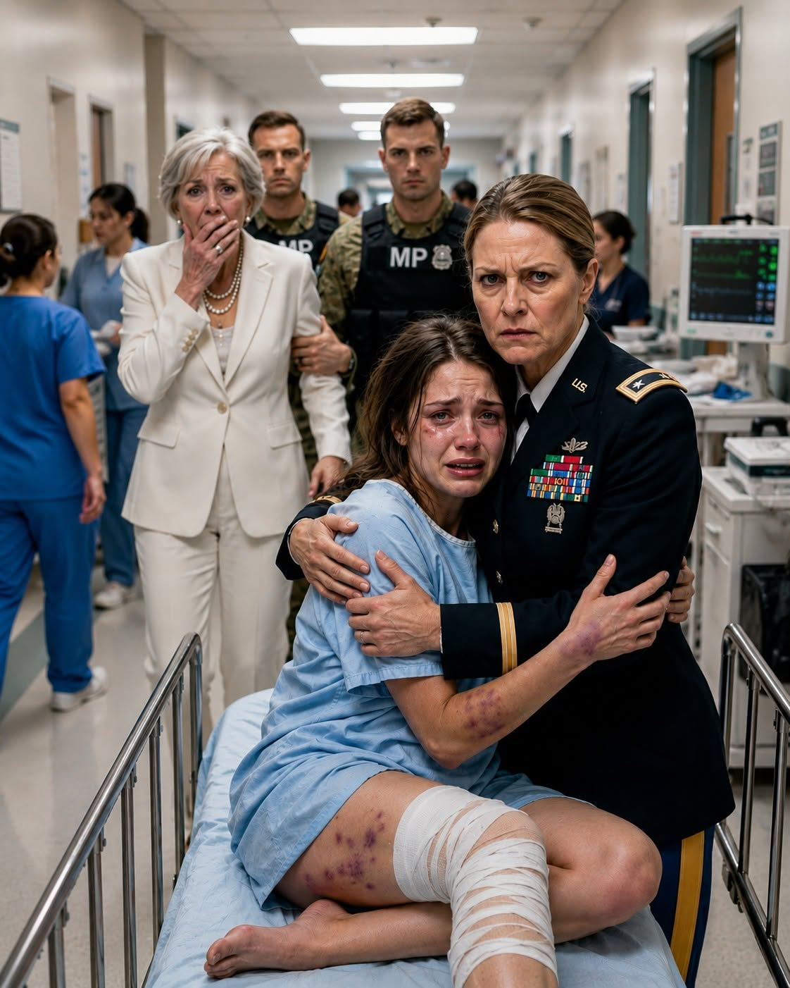 I walked into the emergency room still in my full Army colonel’s uniform, medals glinting, and found my daughter Emma curled up on a hospital bed with one eye swollen shut, her lip split open, and dark finger-shaped bruises wrapped all the way around both her arms; before I could even speak I heard laughter from the doorway, and turned to see her billionaire husband Preston, his mother Margot, and his brother standing there in tailored suits making jokes about how dramatic she always was and how she’d simply fallen down the stairs.