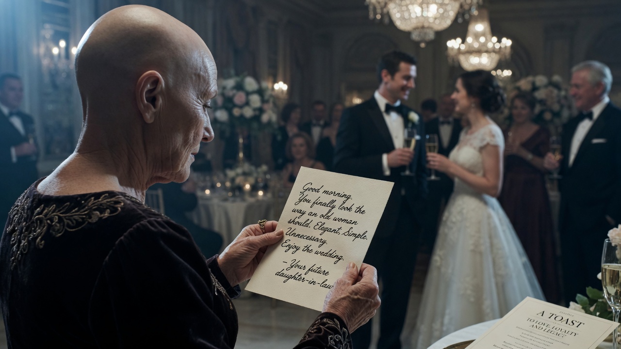 I woke up bald on my son’s wedding morning with a note from my future daughter-in-law saying I finally looked like the old woman I was—hours before I was supposed to transfer her $120 million.