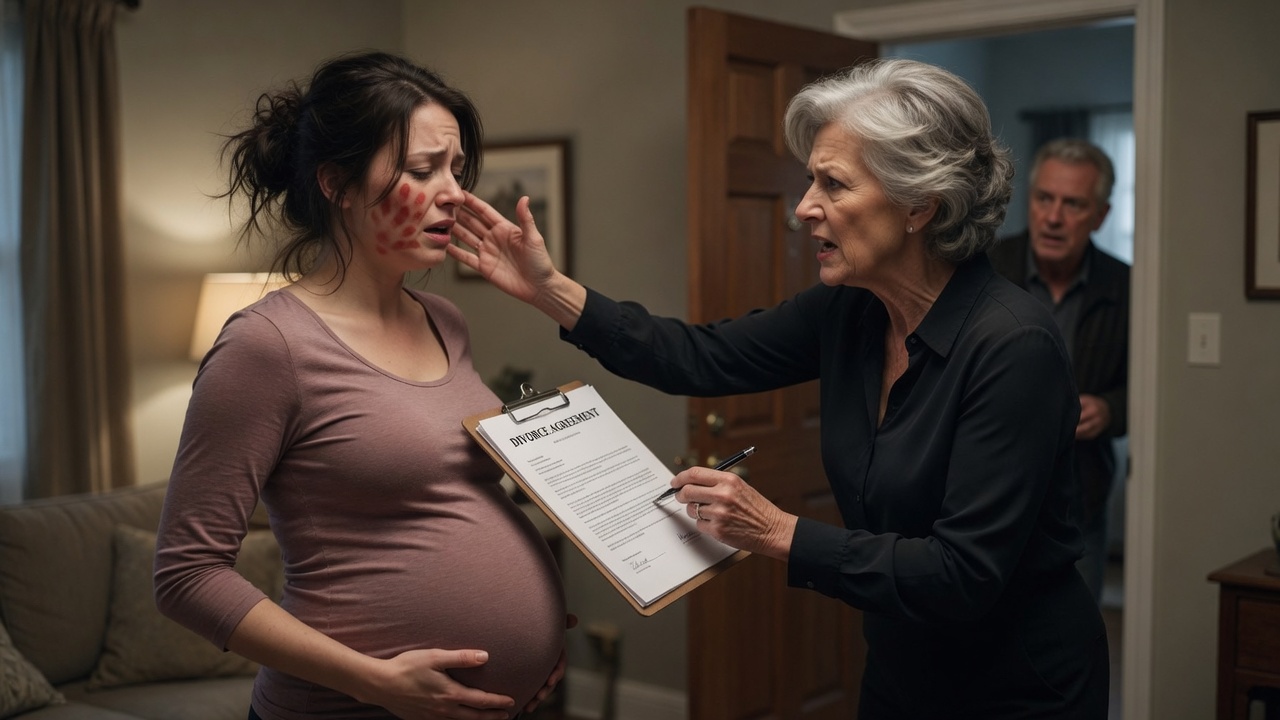 My mother-in-law slapped me while I was eight months pregnant and ordered me to sign divorce papers. She never heard my husband unlock the front door behind her.