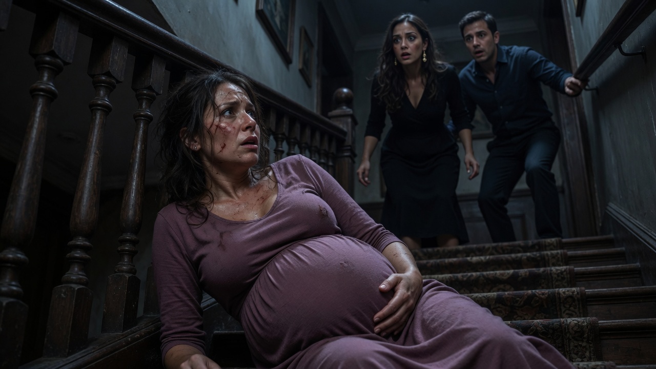 My husband’s mistress shoved me down the stairs while I was eight months pregnant. When he came running, she cried, “She slipped”—but I whispered four words that drained the color from her face.